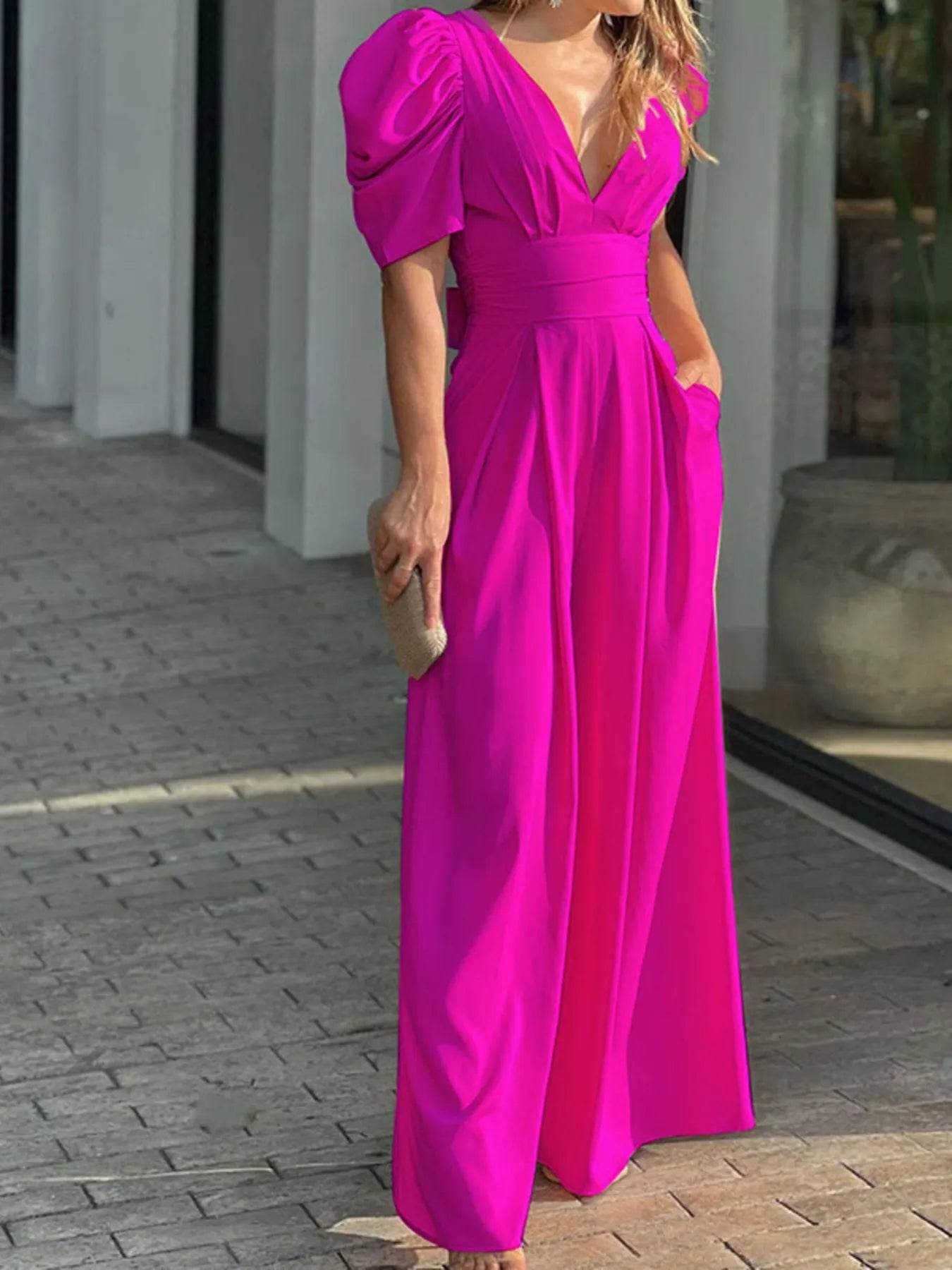 Full Size Cutout V-Neck Puff Sleeve Jumpsuit Plus Size - Ultim8 Designs 4 U
