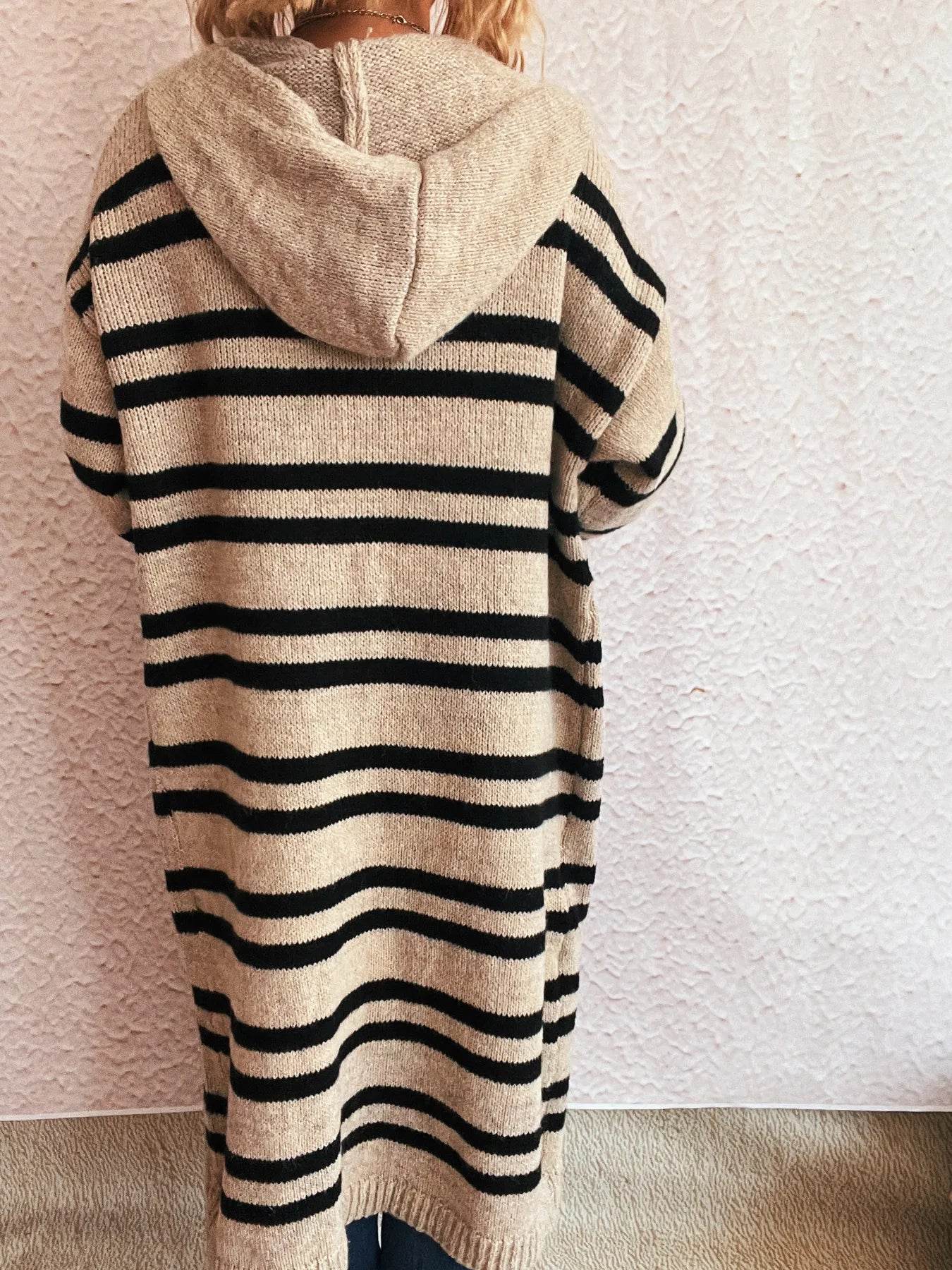 Striped Open Front Hooded Cardigan - Ultim8 Designs 4 U