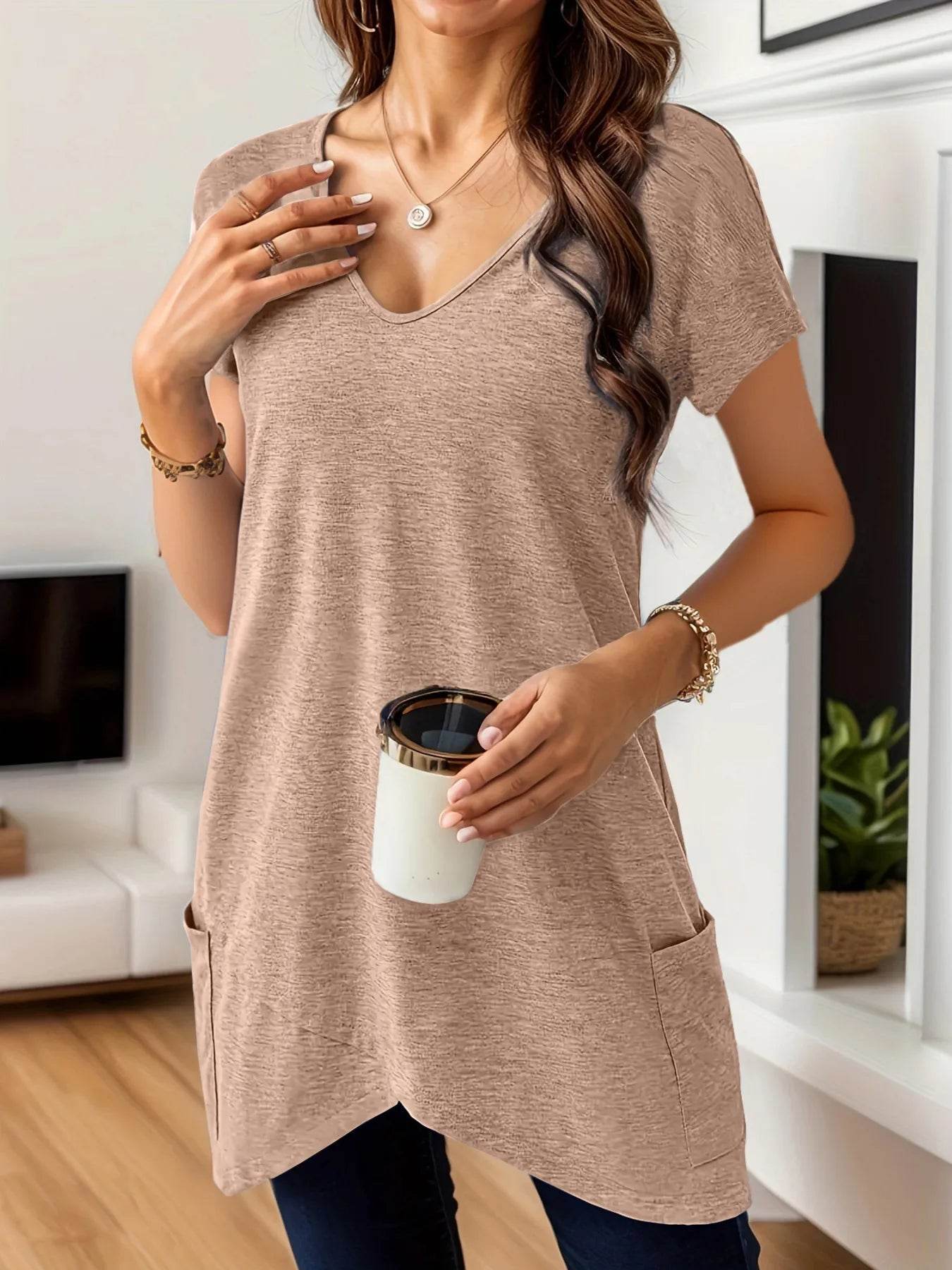 Full Size V-Neck Pocket Front Asymmetric Hem T-Shirt Plus Size - Ultim8 Designs 4 U