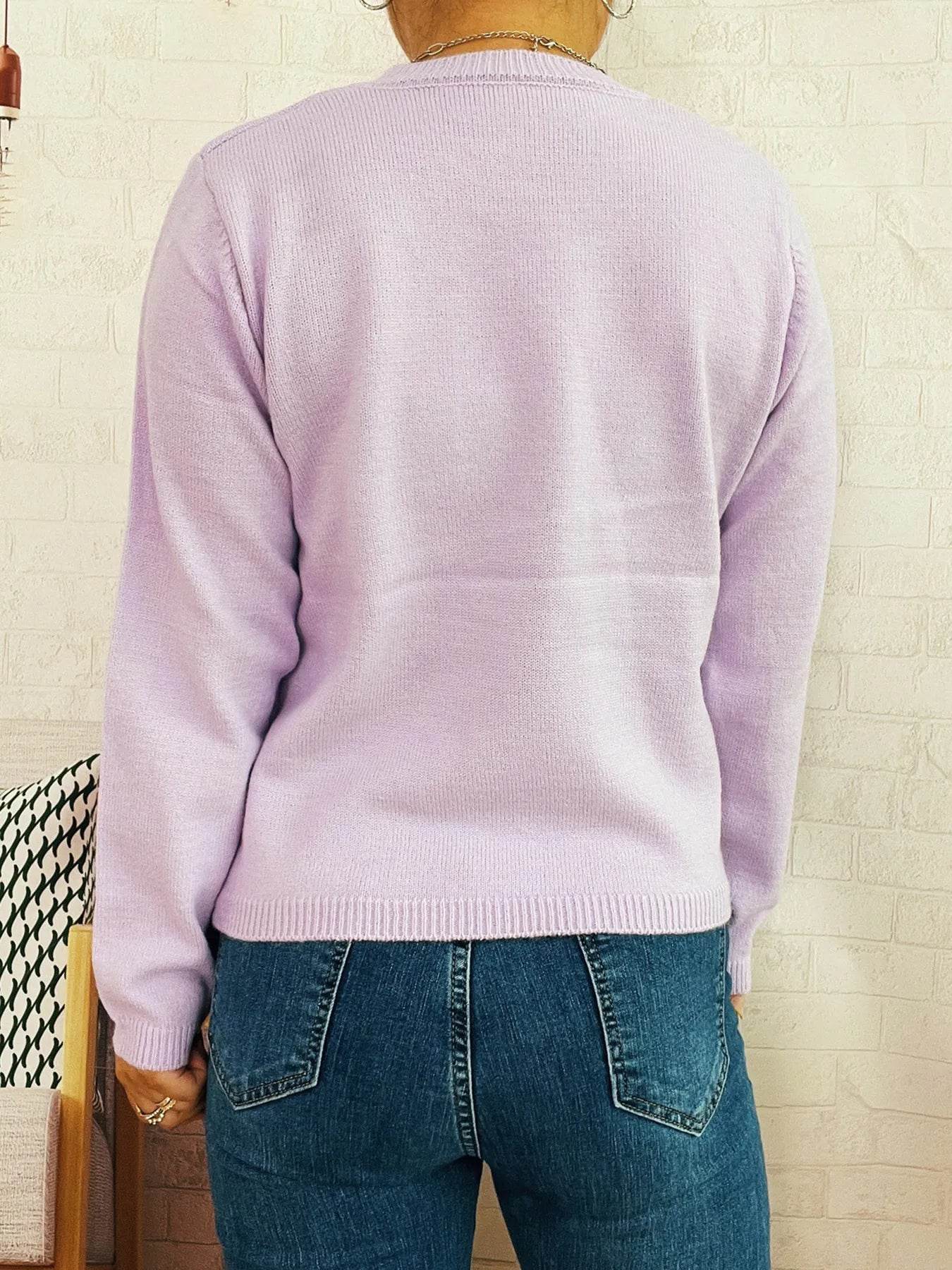 Flower Contrast Round Neck Sweater - Ultim8 Designs 4 U