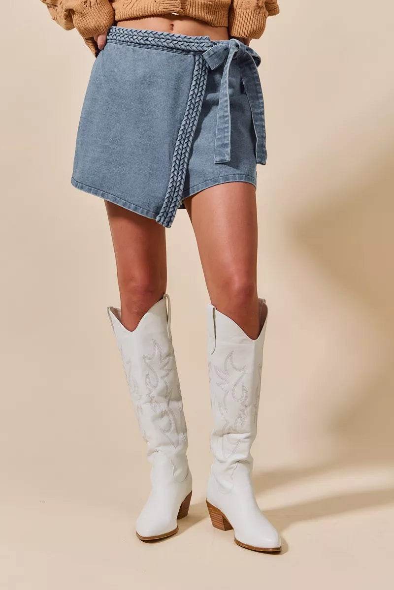 SO ME Wrap Braided Trimmed Denim Skort - Ultim8 Designs 4 U