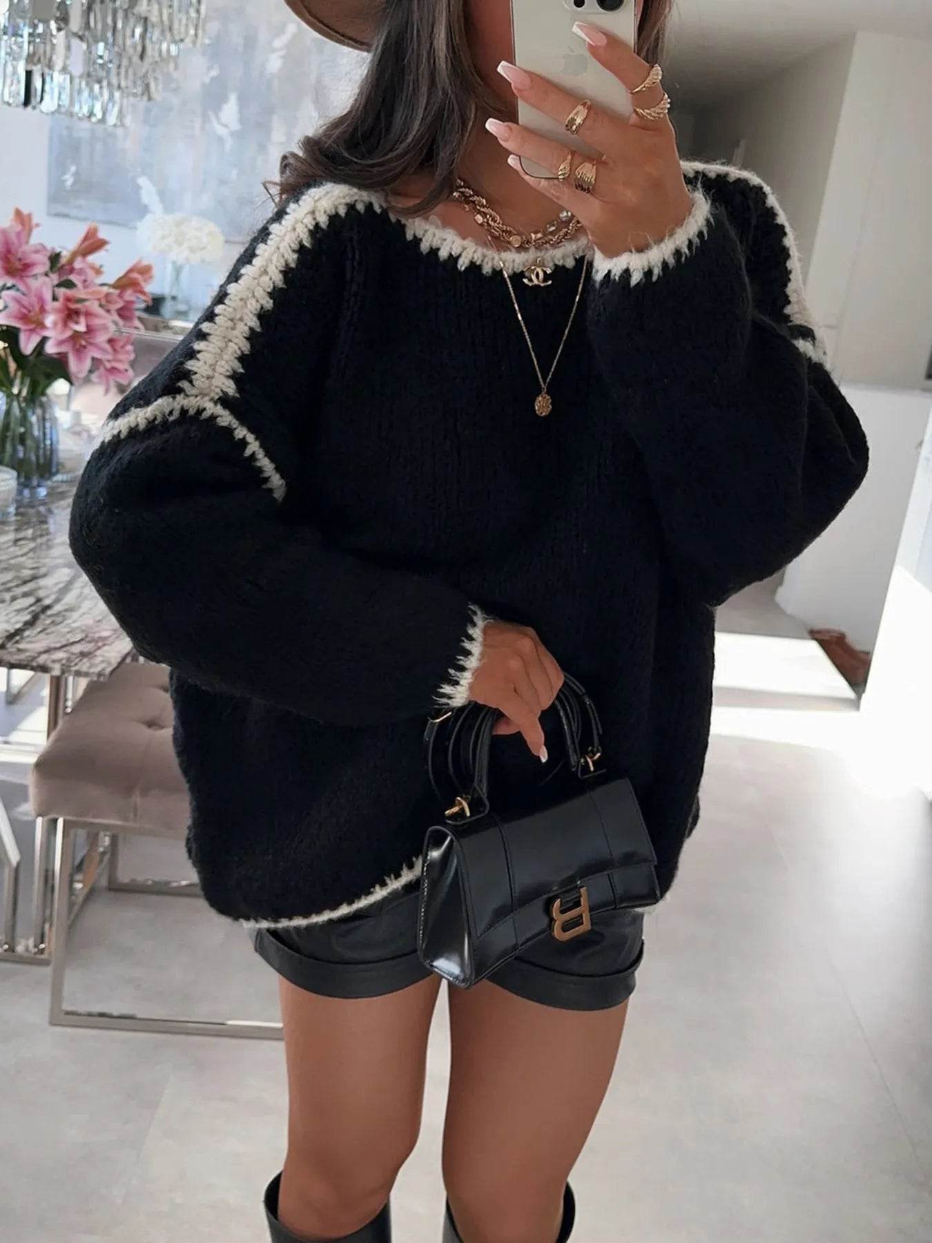 Contrast Trim Oversized Sweater - Ultim8 Designs 4 U