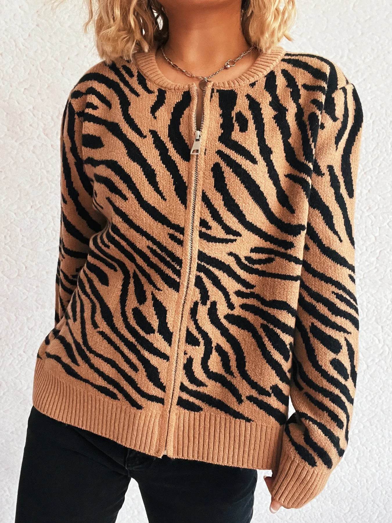 Zebra Print Zip Up Cardigan - Ultim8 Designs 4 U