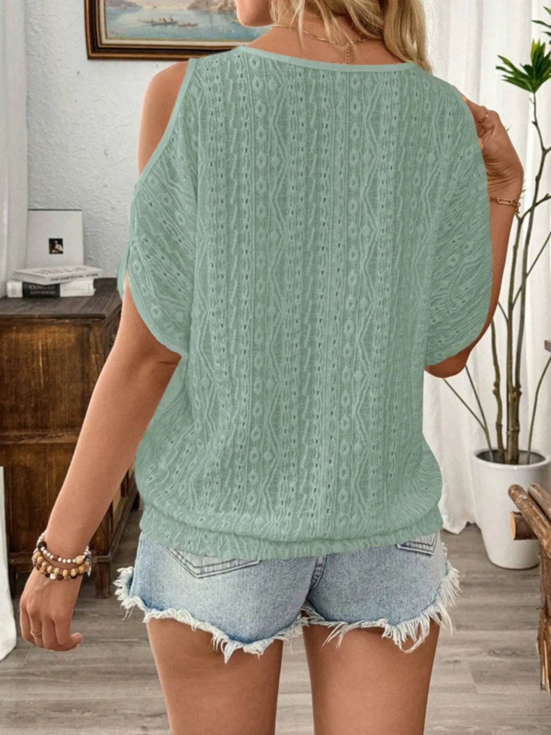Eyelet Cold Shoulder Round Neck Blouse - Ultim8 Designs 4 U