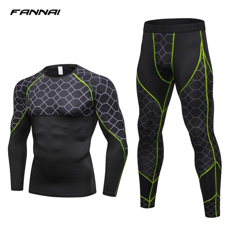 Men's Compression Run jogging Suits Grid Clothes Sports Set Long t shirt And Pants Gym Fitness workout Tights clothing 2pcs Sets - Ultim8 Designs 4 U