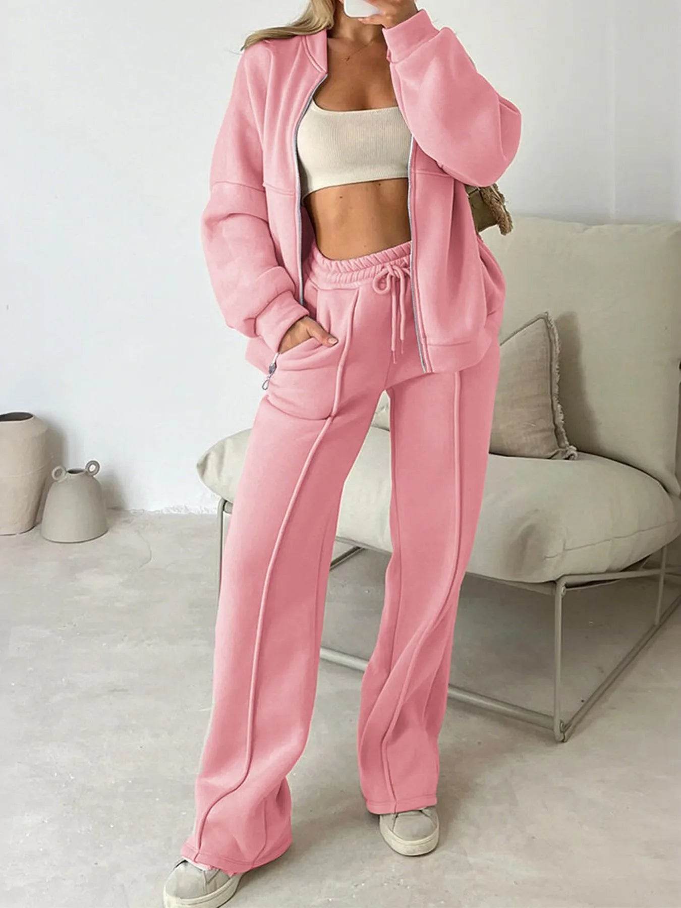 Zipper Up Jacket and Drawstring Pants Set - Ultim8 Designs 4 U