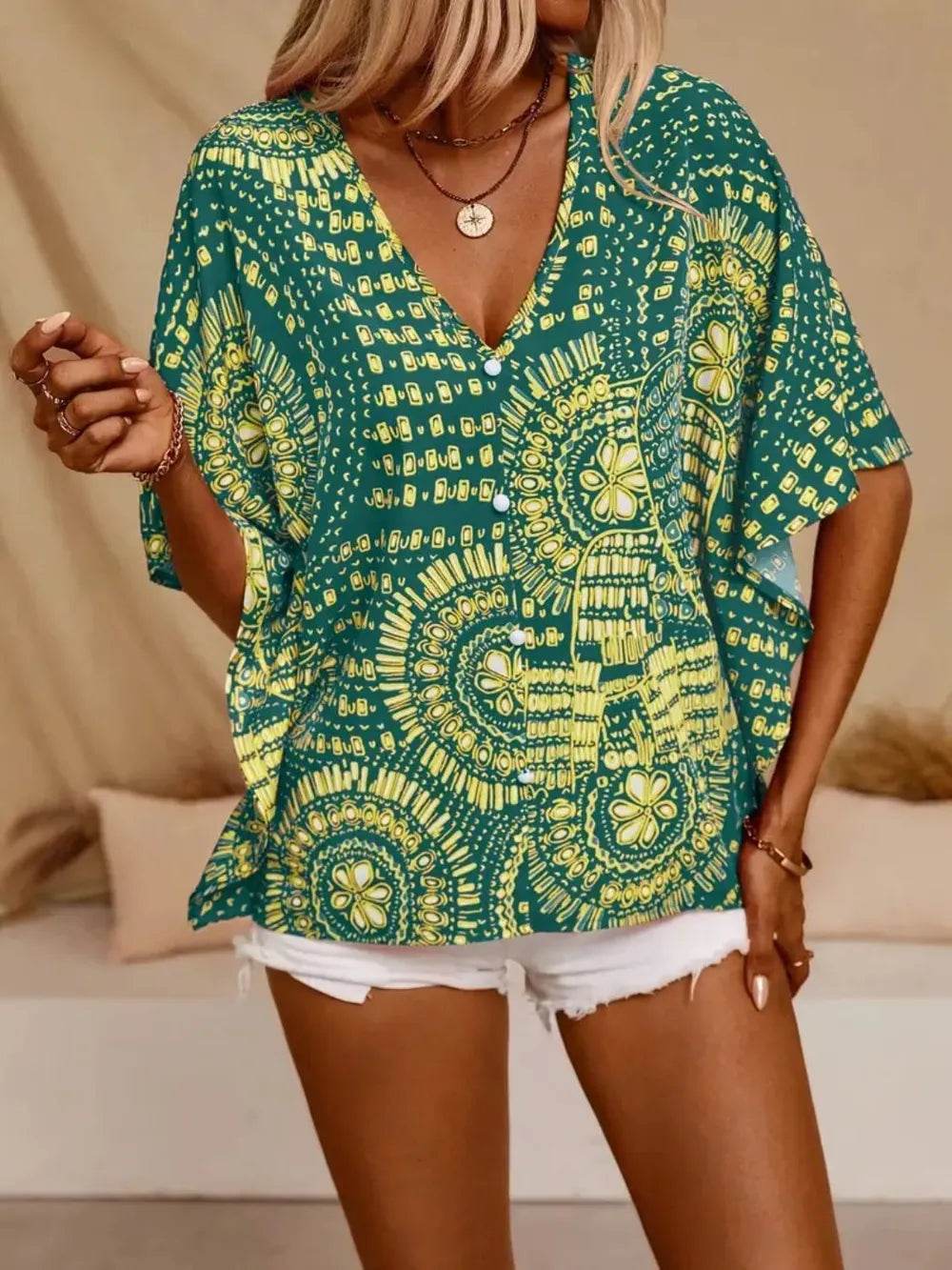 Printed V-Neck Half Sleeve Top - Ultim8 Designs 4 U