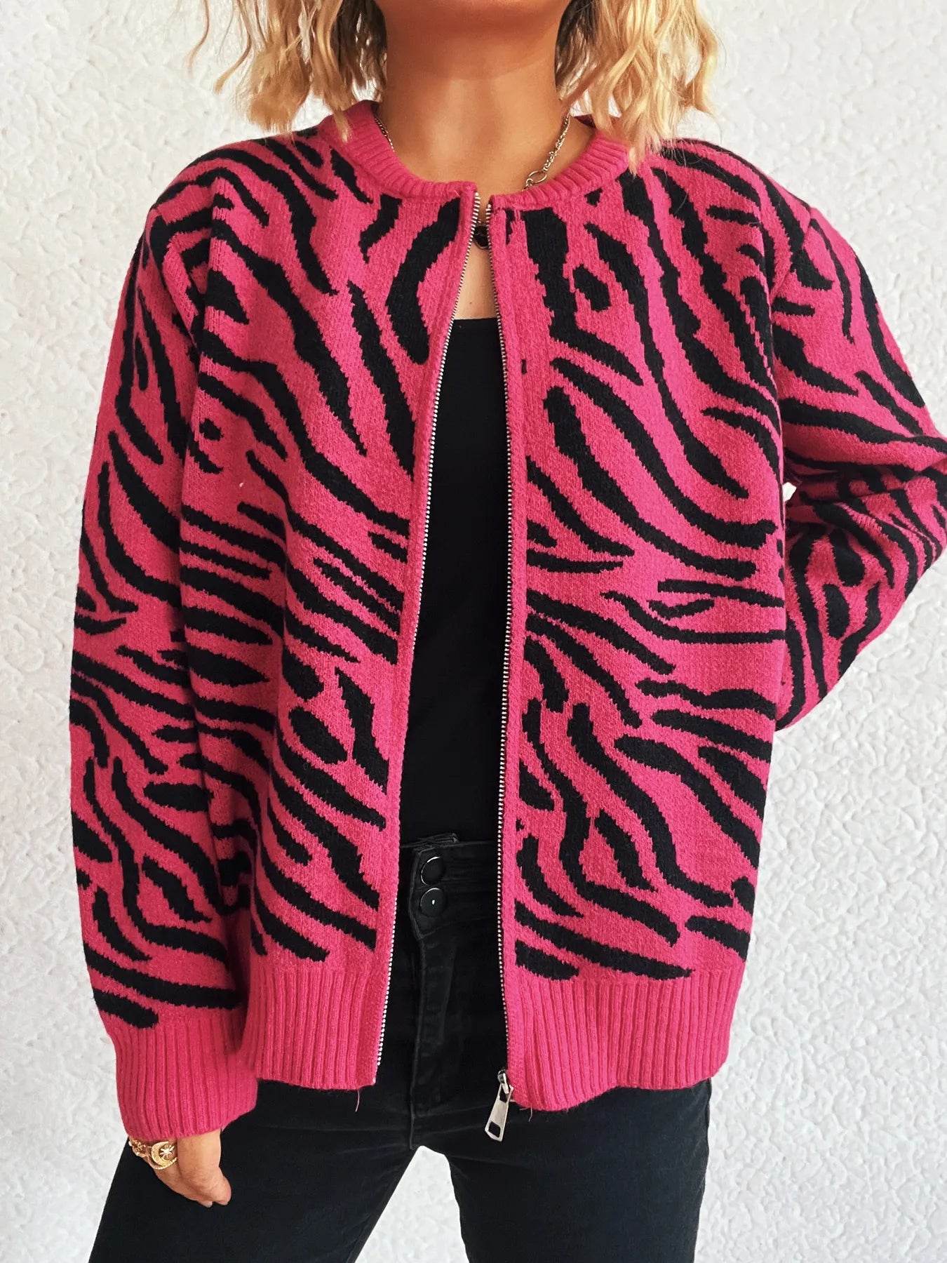 Zebra Print Zip Up Cardigan - Ultim8 Designs 4 U