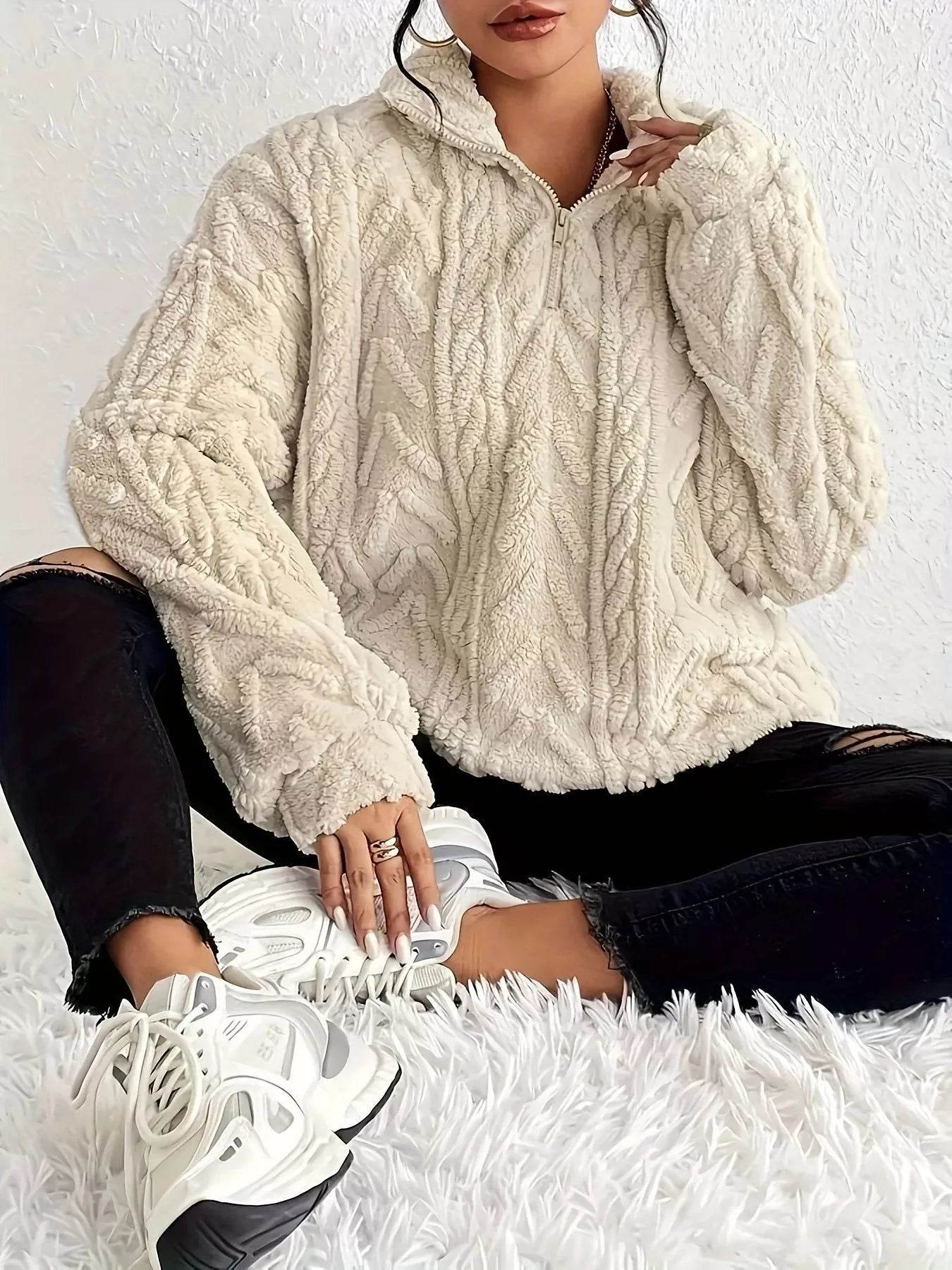 Quarter Zip Dropped Shoulder Sherpa Sweatshirt - Ultim8 Designs 4 U