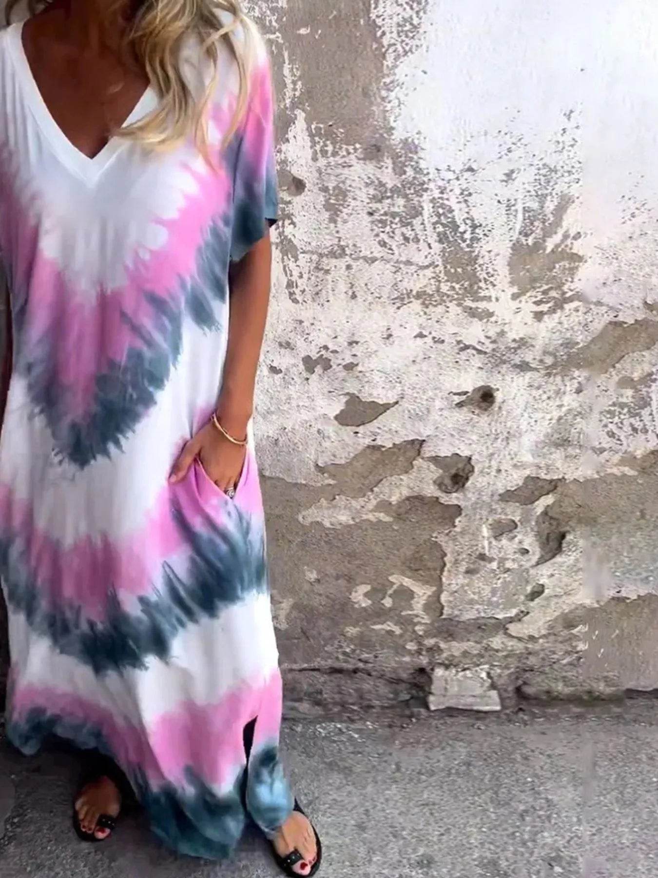 Full Size Tie-Dye V-Neck Midi Dress with Pockets Plus Size - Ultim8 Designs 4 U