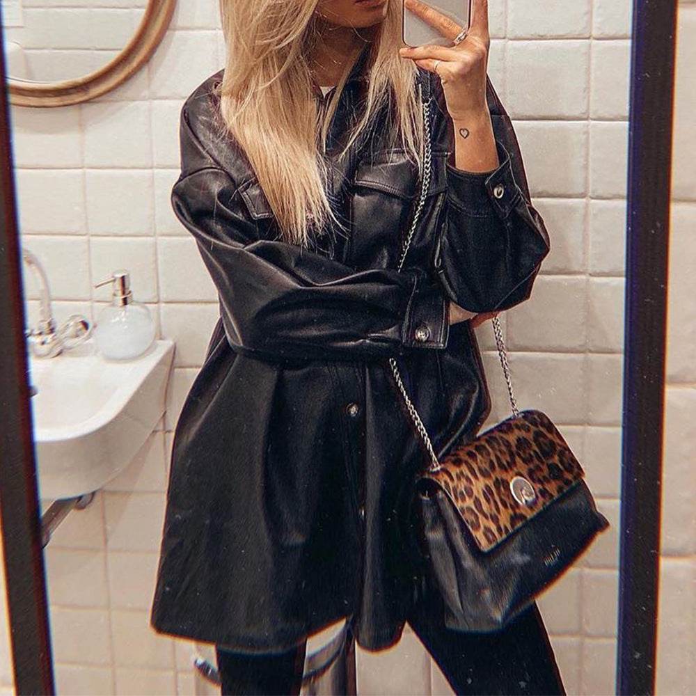 Leather jacket thinned lace waist PU leather long-sleeved dress - Ultim8 Designs 4 U
