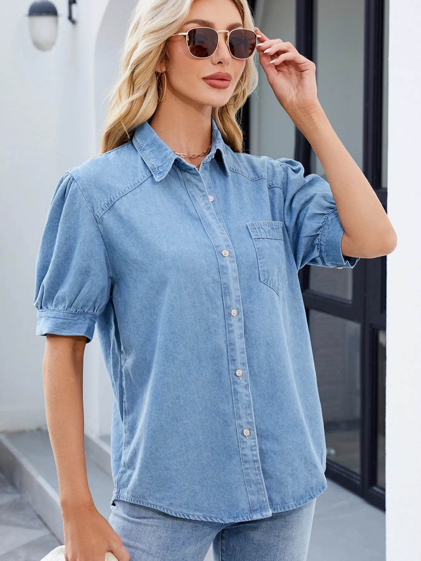 Button Up Short Sleeve Denim Shirt - Ultim8 Designs 4 U