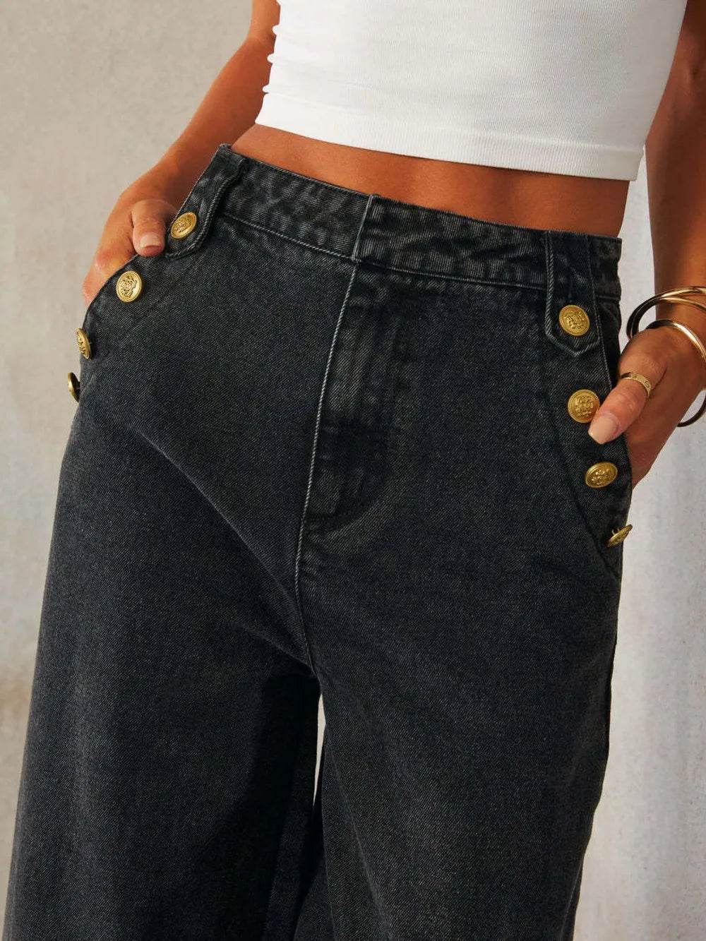 Button Decor High Rise Wide Leg Jeans - Ultim8 Designs 4 U