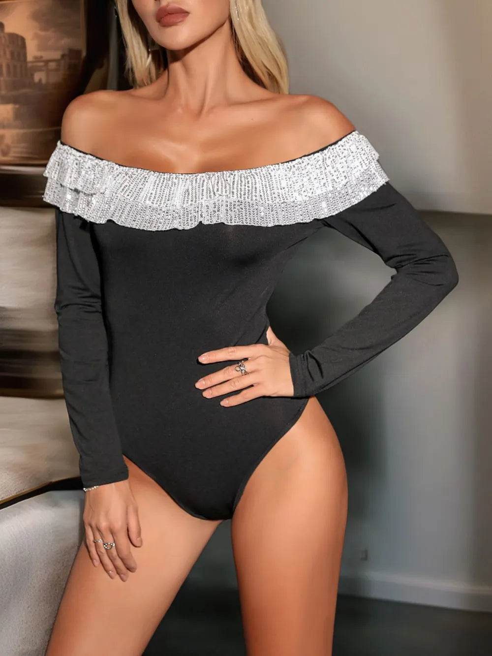 Perfee Sequin Ruffled Off-Shoulder Long Sleeve Bodysuit - Ultim8 Designs 4 U