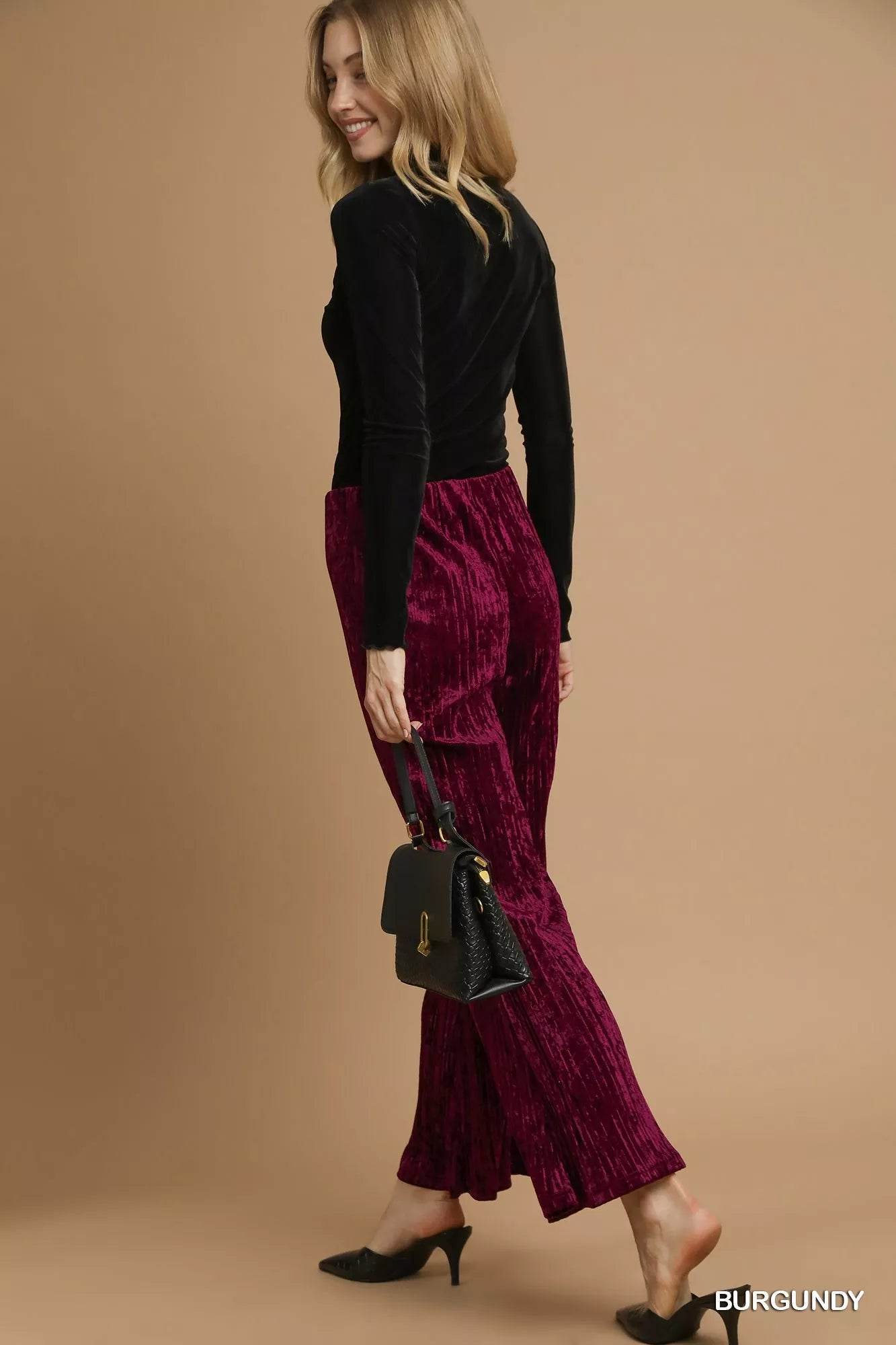 Umgee Velvet Pleated Wide Leg Pants - Ultim8 Designs 4 U