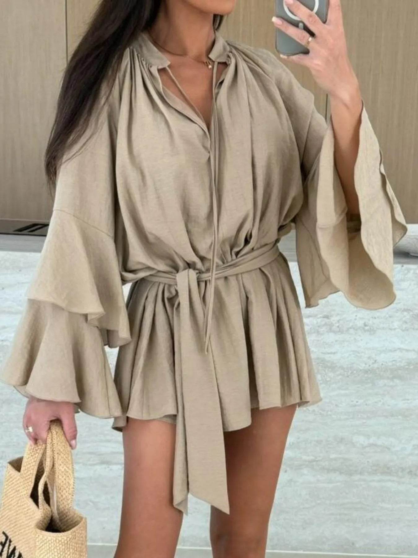 Bell Sleeve Tie Waist Mini Shirt Dress - Ultim8 Designs 4 U