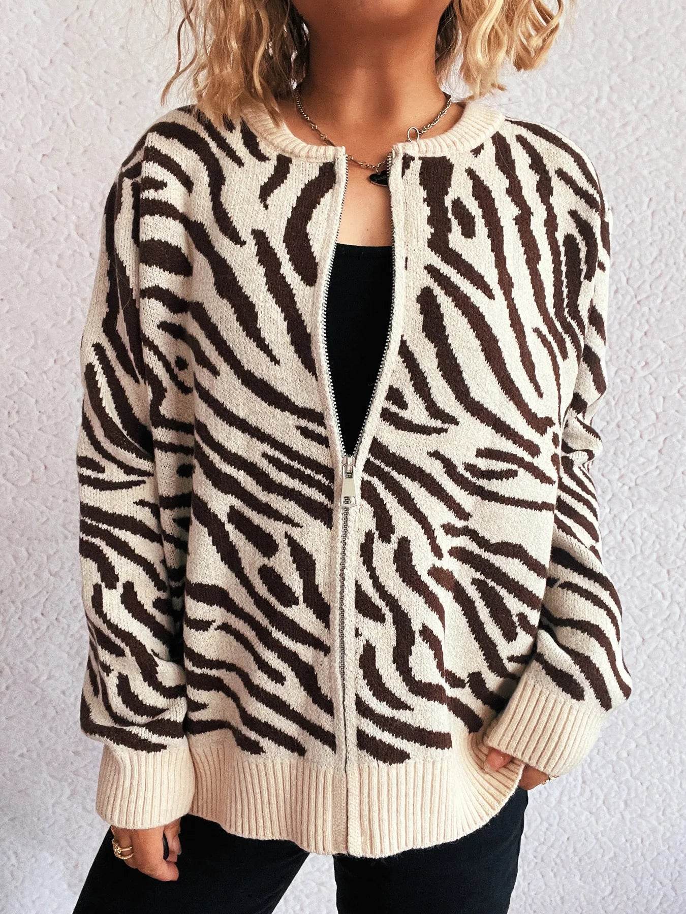 Zebra Print Zip Up Cardigan - Ultim8 Designs 4 U