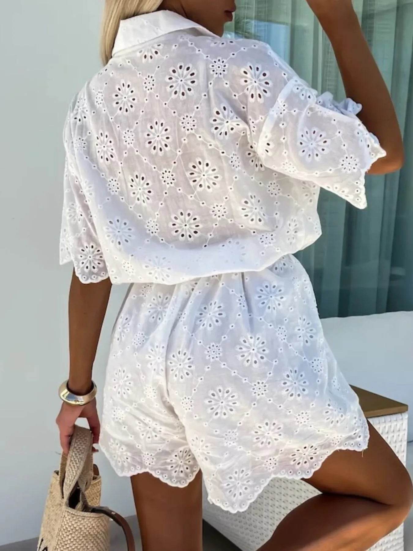 Eyelet Lace Button-Up Romper - Ultim8 Designs 4 U