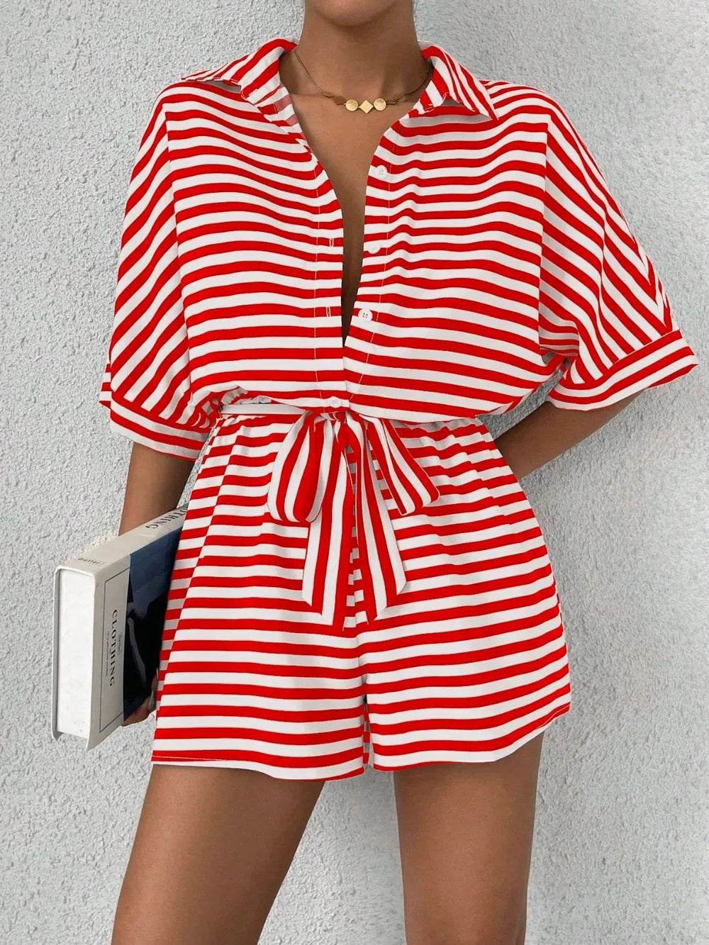 Tie Waist Half Button Striped Romper - Ultim8 Designs 4 U