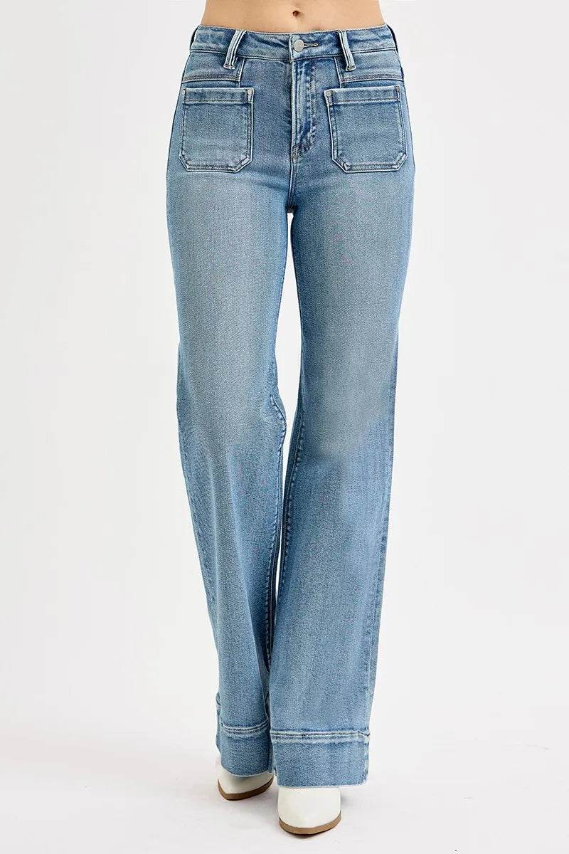 RISEN Full Size High Rise Wide Flare Patch Pocket Jeans Plus Size - Ultim8 Designs 4 U