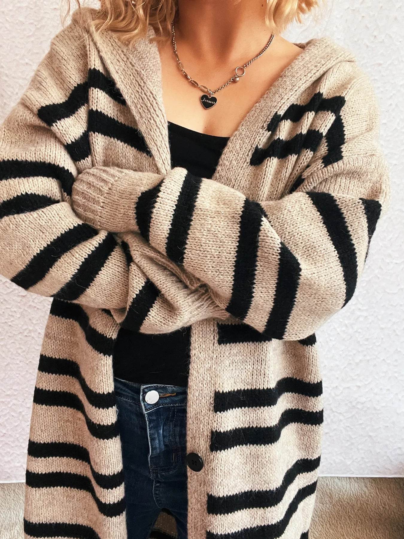 Striped Open Front Hooded Cardigan - Ultim8 Designs 4 U