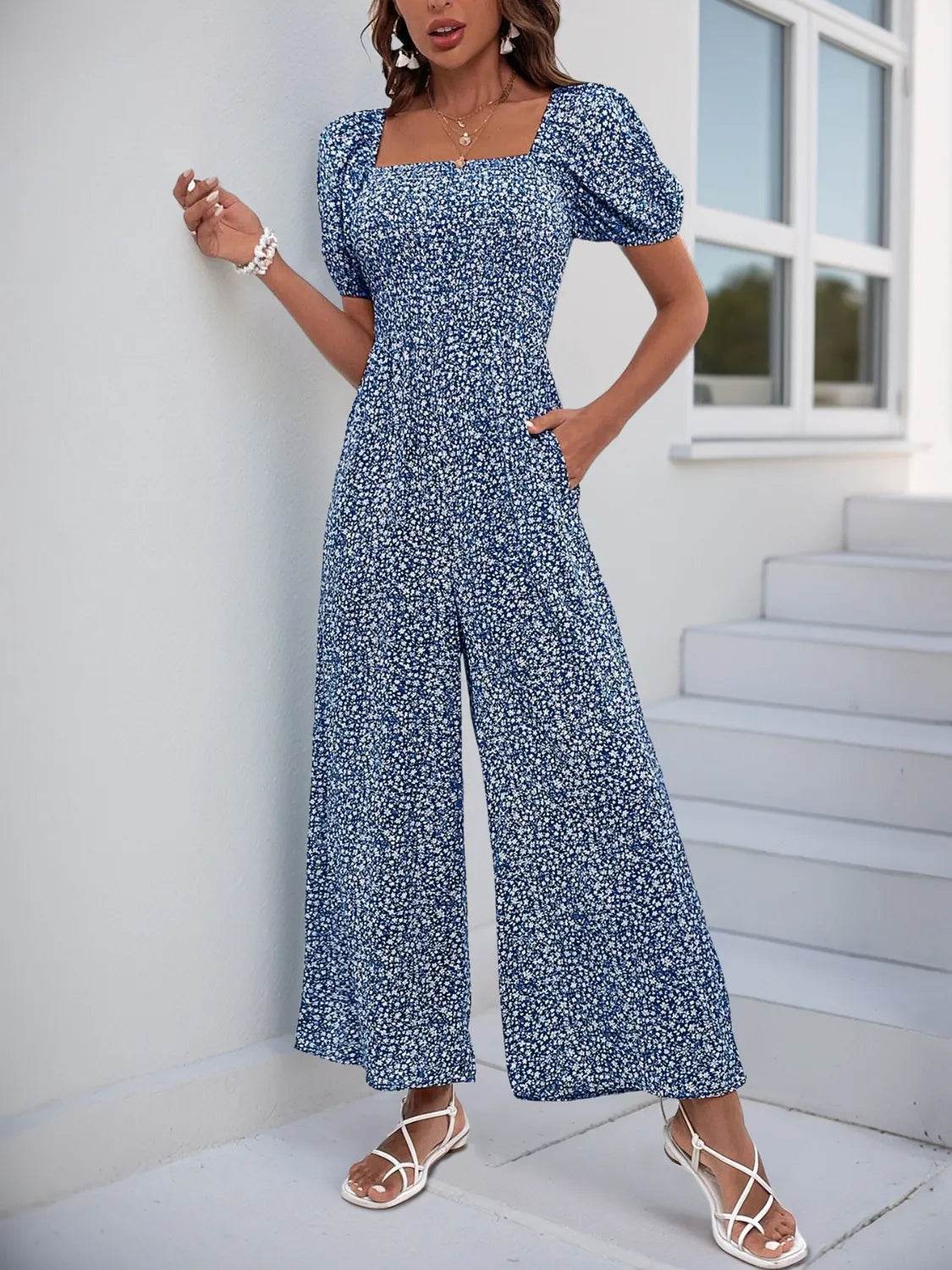 Printed Square Neck Puff Sleeve Jumpsuit - Ultim8 Designs 4 U