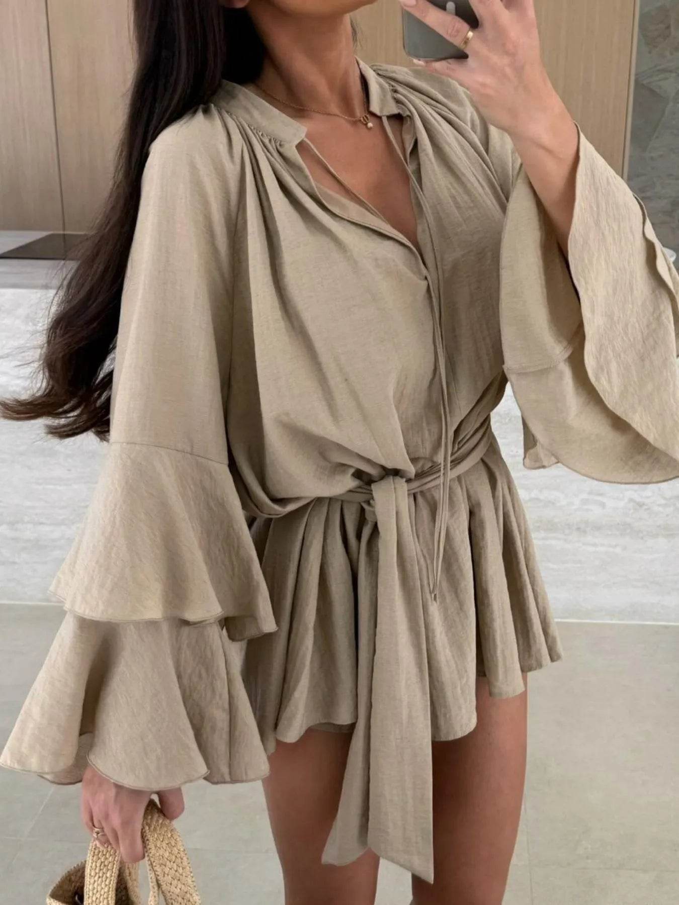 Bell Sleeve Tie Waist Mini Shirt Dress - Ultim8 Designs 4 U