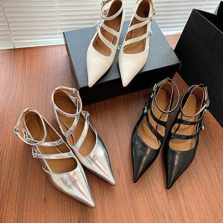 Full Leather Inside And Outside Thick Heel Pointed Buckle Leather Shoes - Ultim8 Designs 4 U