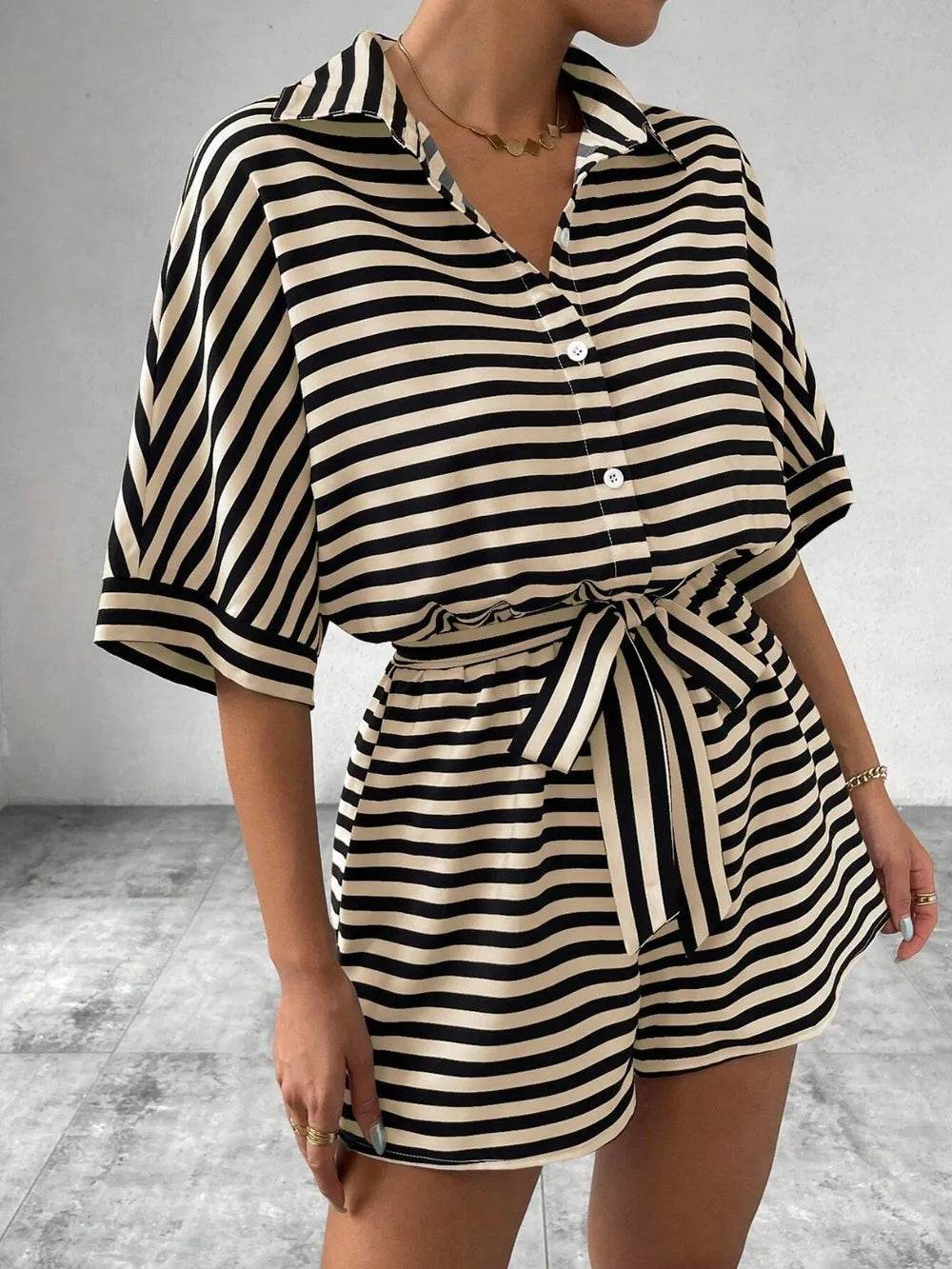 Tie Waist Half Button Striped Romper - Ultim8 Designs 4 U