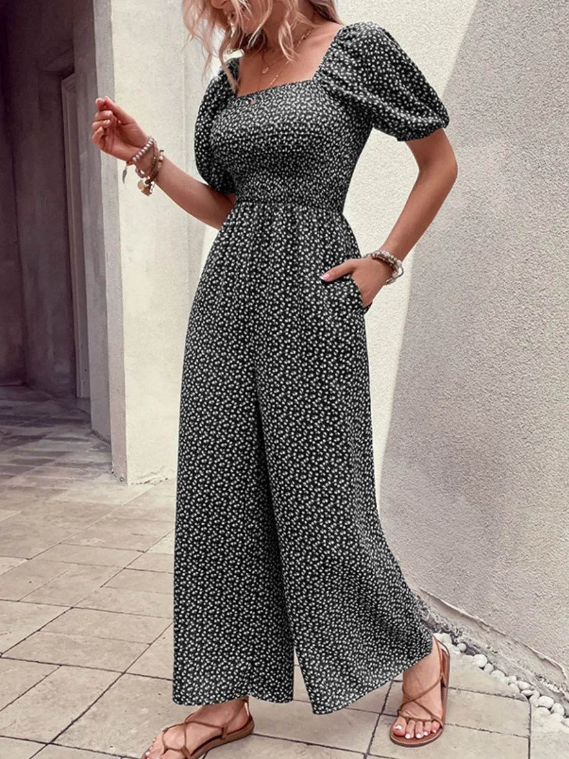 Printed Square Neck Puff Sleeve Jumpsuit - Ultim8 Designs 4 U