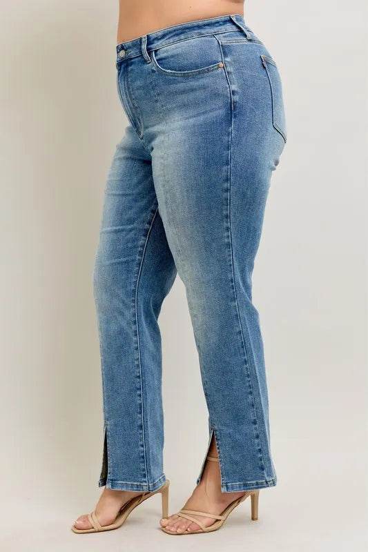 Judy Blue Full Size High Waist Vintage Wash Front Seam & Slit Straight Plus Size - Ultim8 Designs 4 U