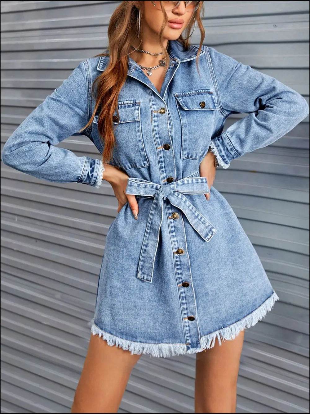 Raw Hem Collared Neck Long Sleeve Denim Dress - Ultim8 Designs 4 U