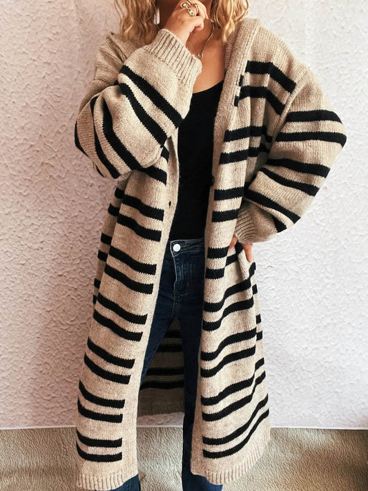 Striped Open Front Hooded Cardigan - Ultim8 Designs 4 U
