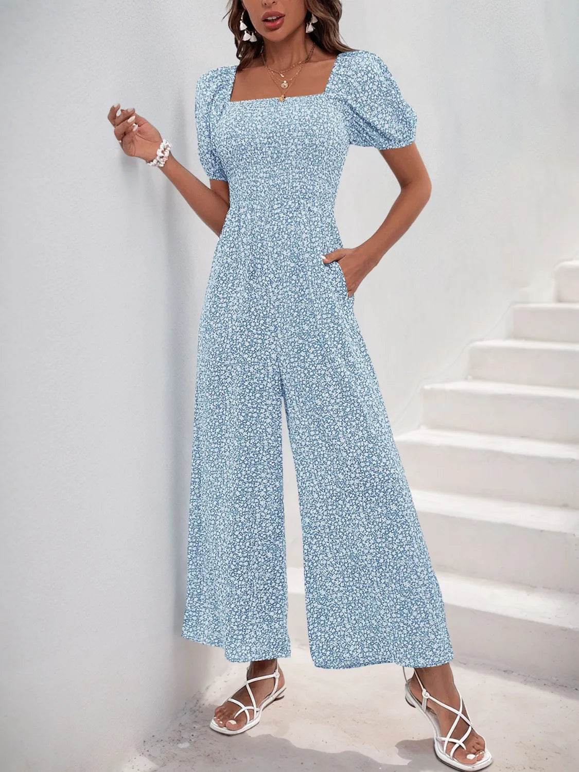 Printed Square Neck Puff Sleeve Jumpsuit - Ultim8 Designs 4 U