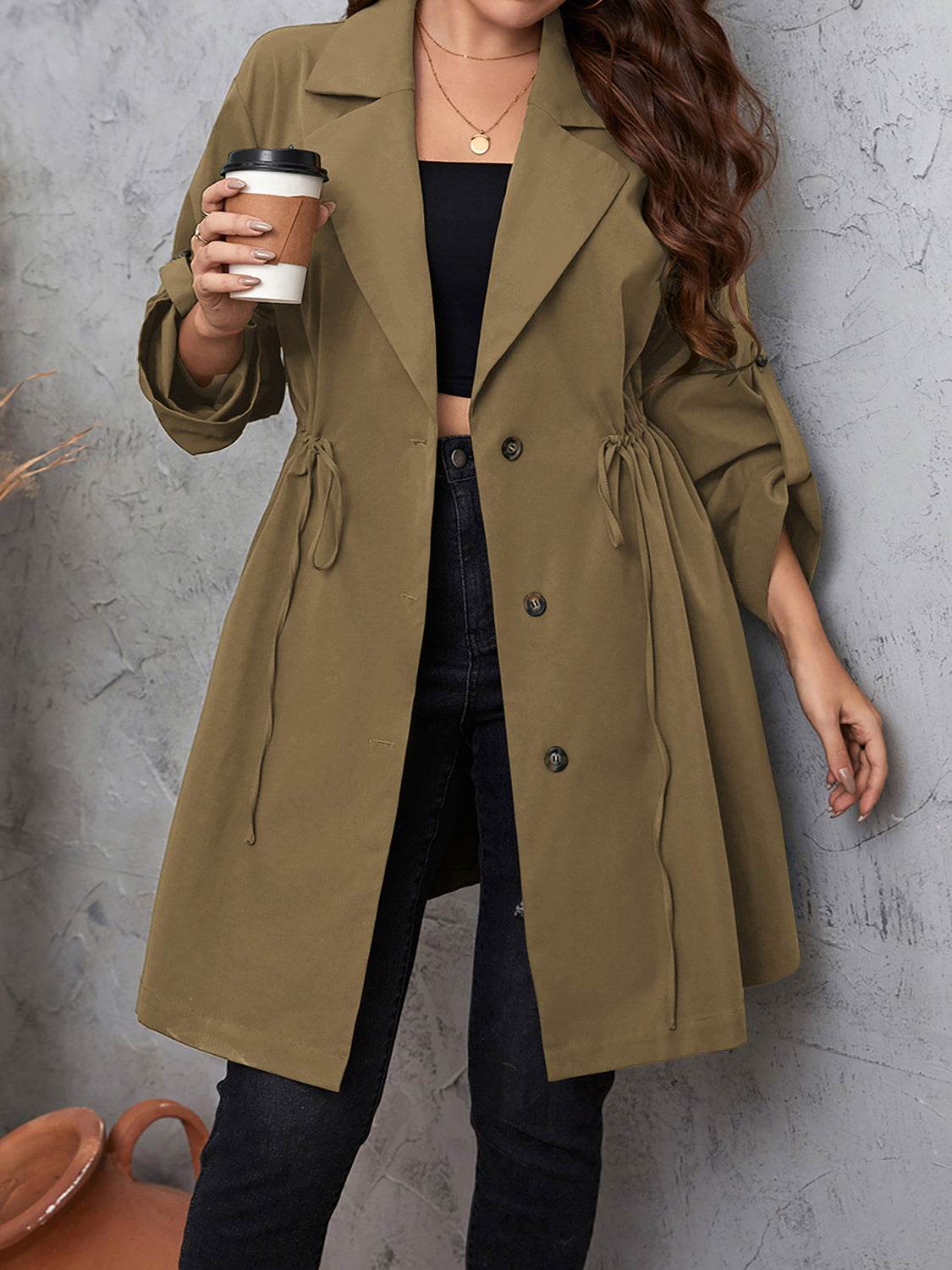 Honey Plus Size Lapel Collar Drawstring Roll-Tab Sleeve Trench Coat - Ultim8 Designs 4 U