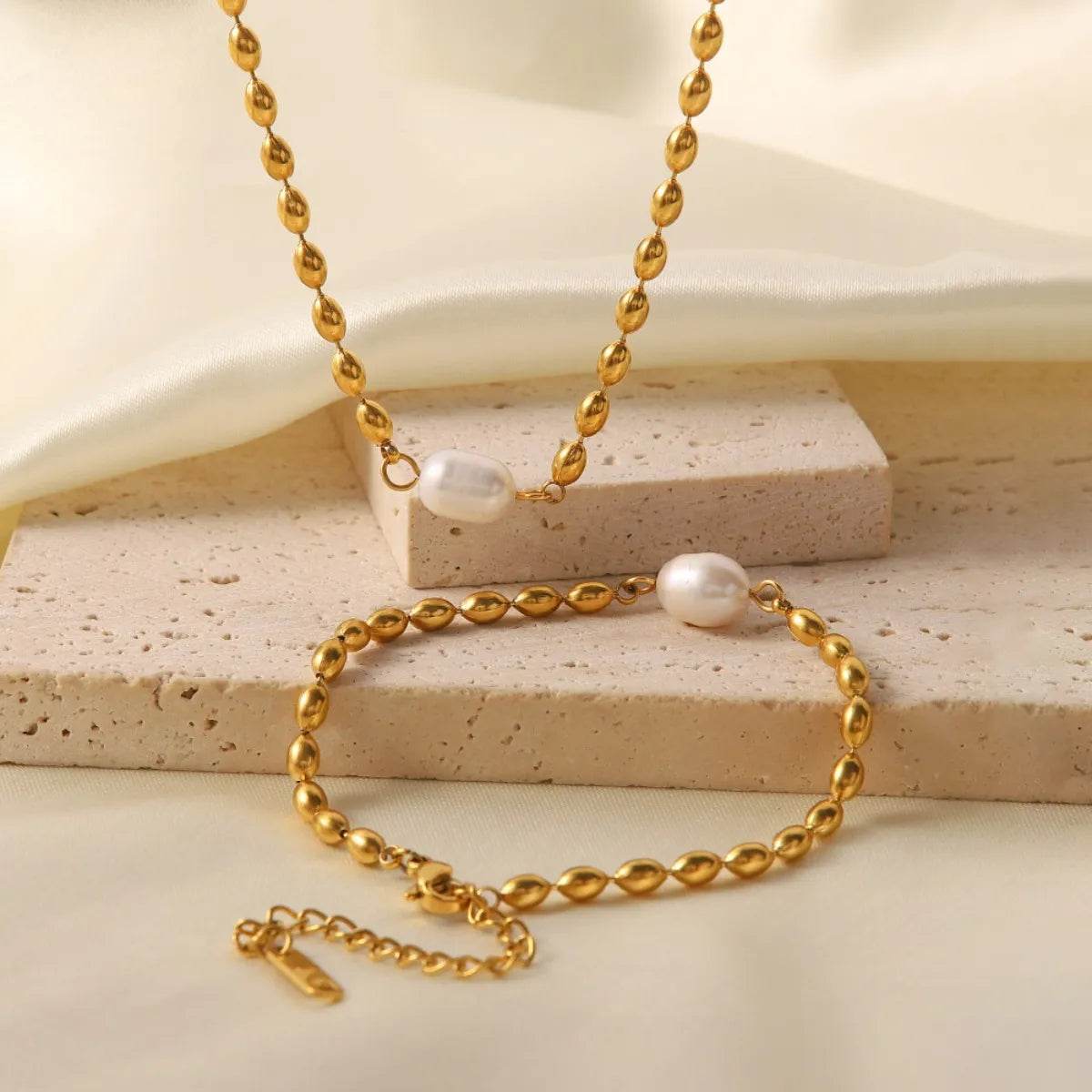 Pearl and Gold Chain Jewelry Set with Necklace and Bracelet - Ultim8 Designs 4 U