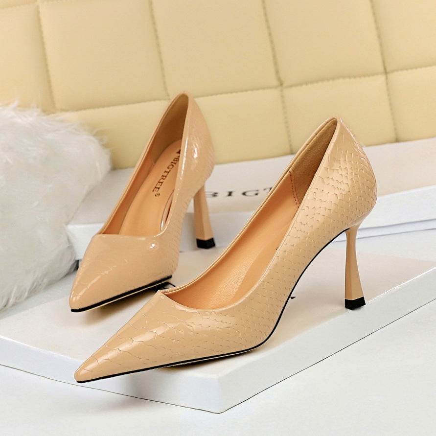 Snakeskin shiny patent leather shallow pointed high heels - Ultim8 Designs 4 U