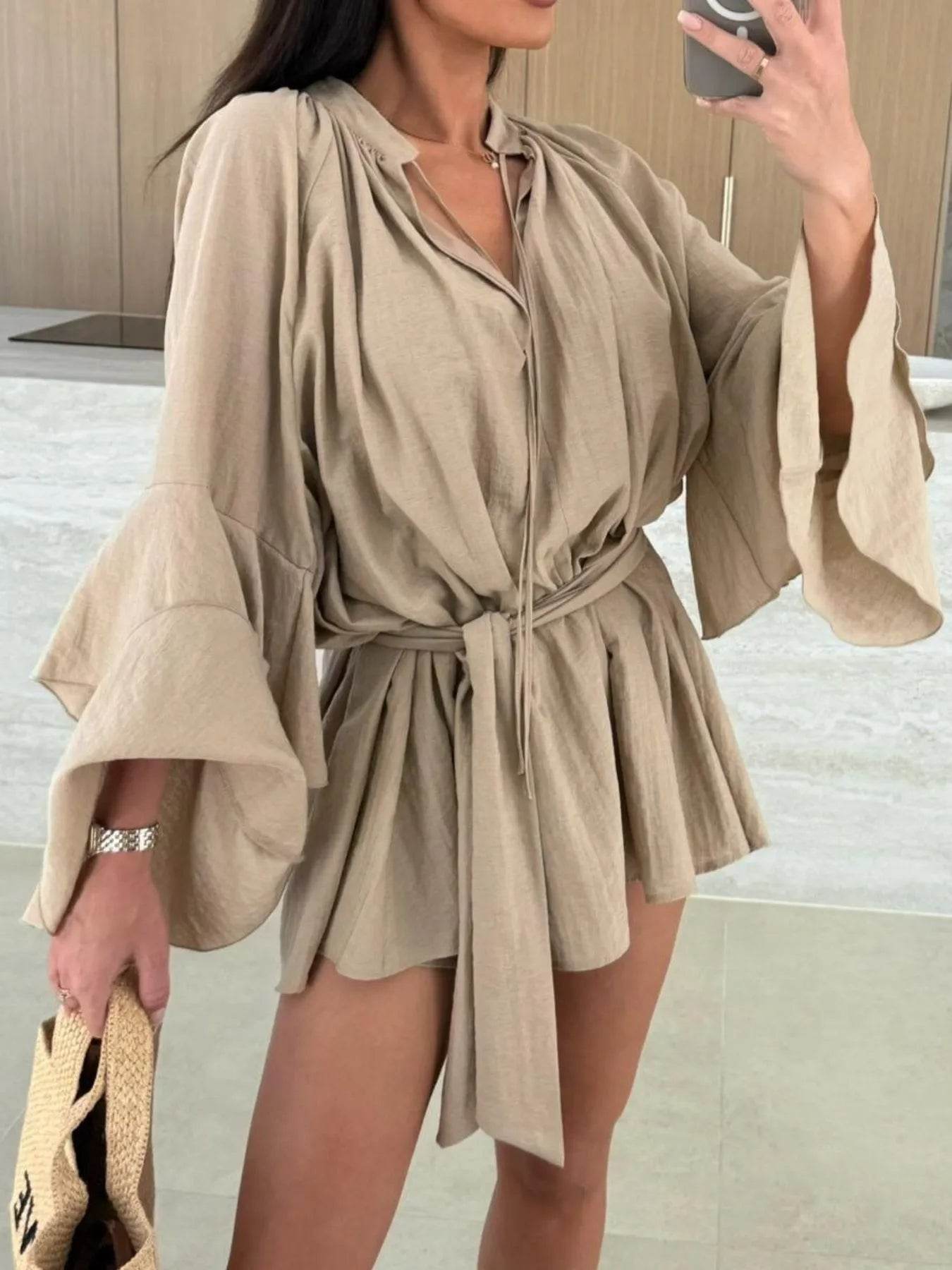 Bell Sleeve Tie Waist Mini Shirt Dress - Ultim8 Designs 4 U