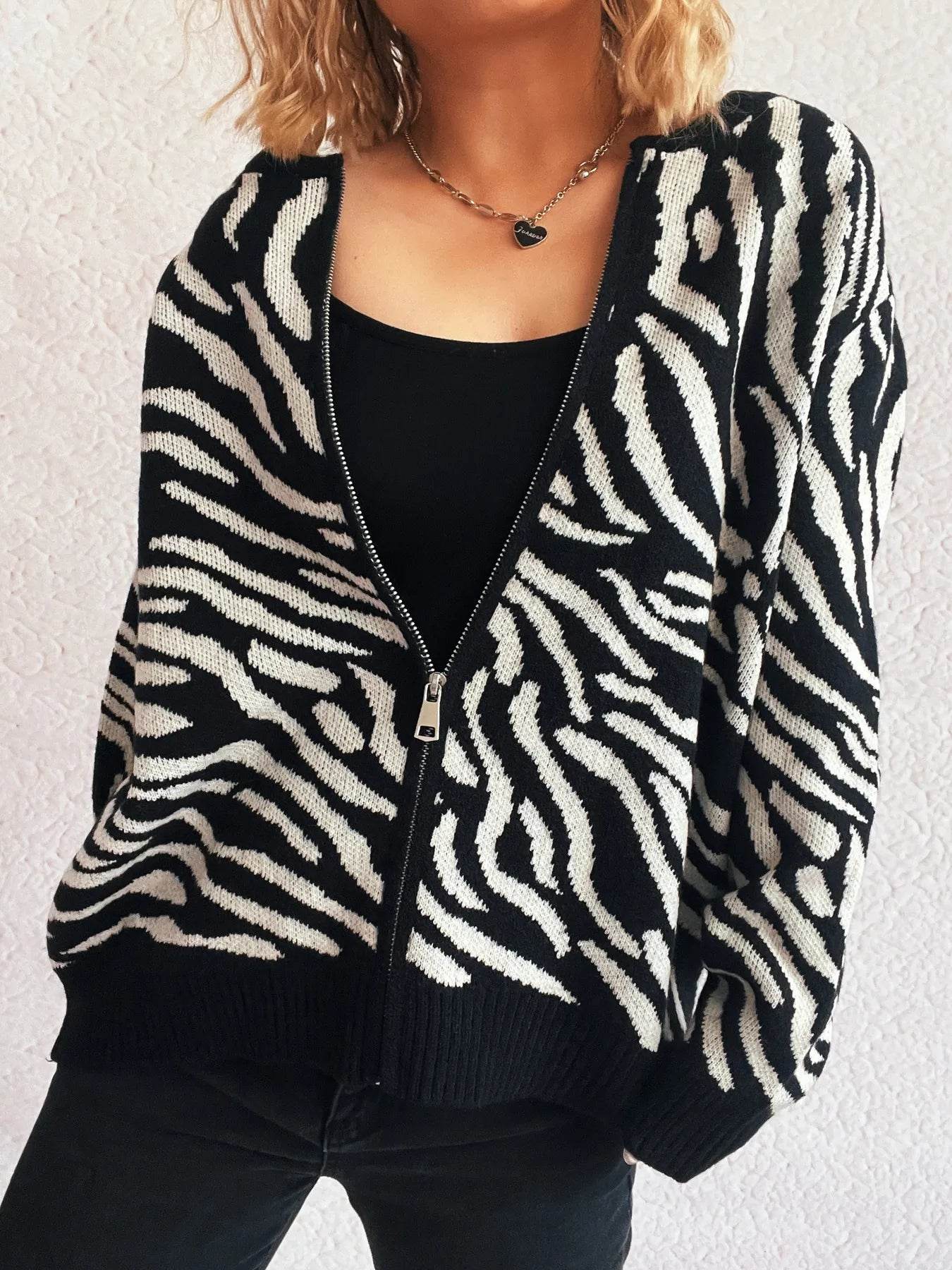 Zebra Print Zip Up Cardigan - Ultim8 Designs 4 U