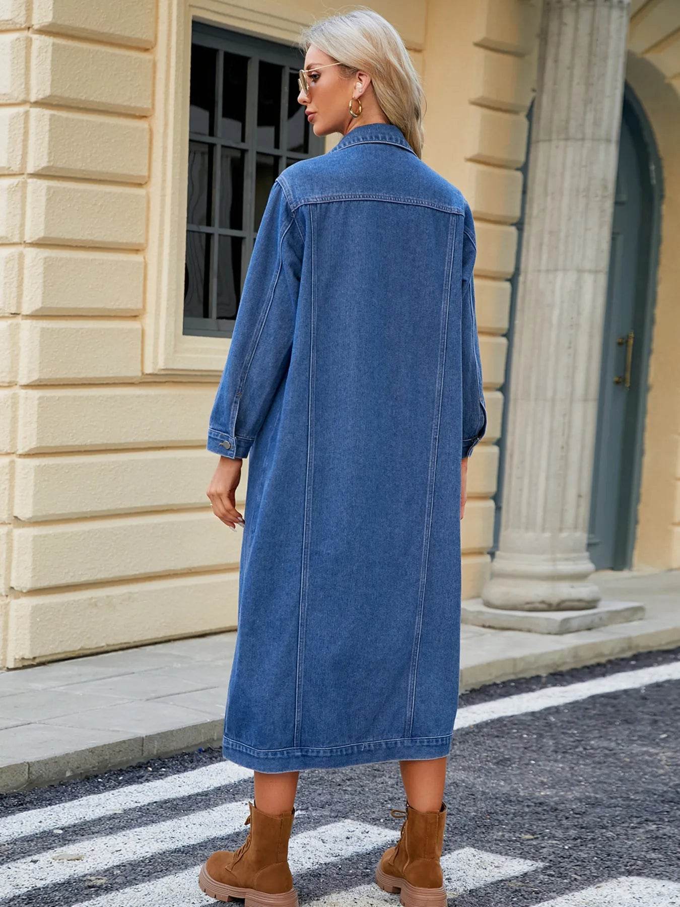 Button Up Long Sleeve Longline Denim Jacket - Ultim8 Designs 4 U