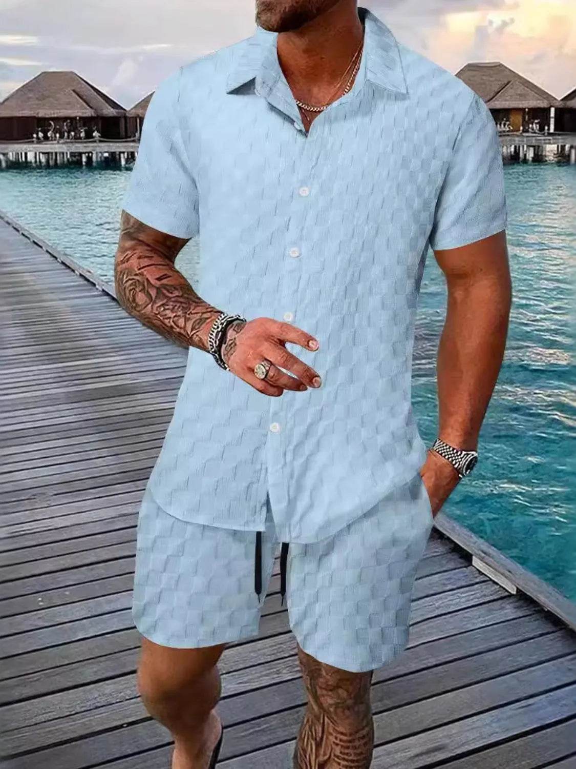 Men's Full Size Collared Neck Short Sleeve Top and Shorts Set Plus Size - Ultim8 Designs 4 U