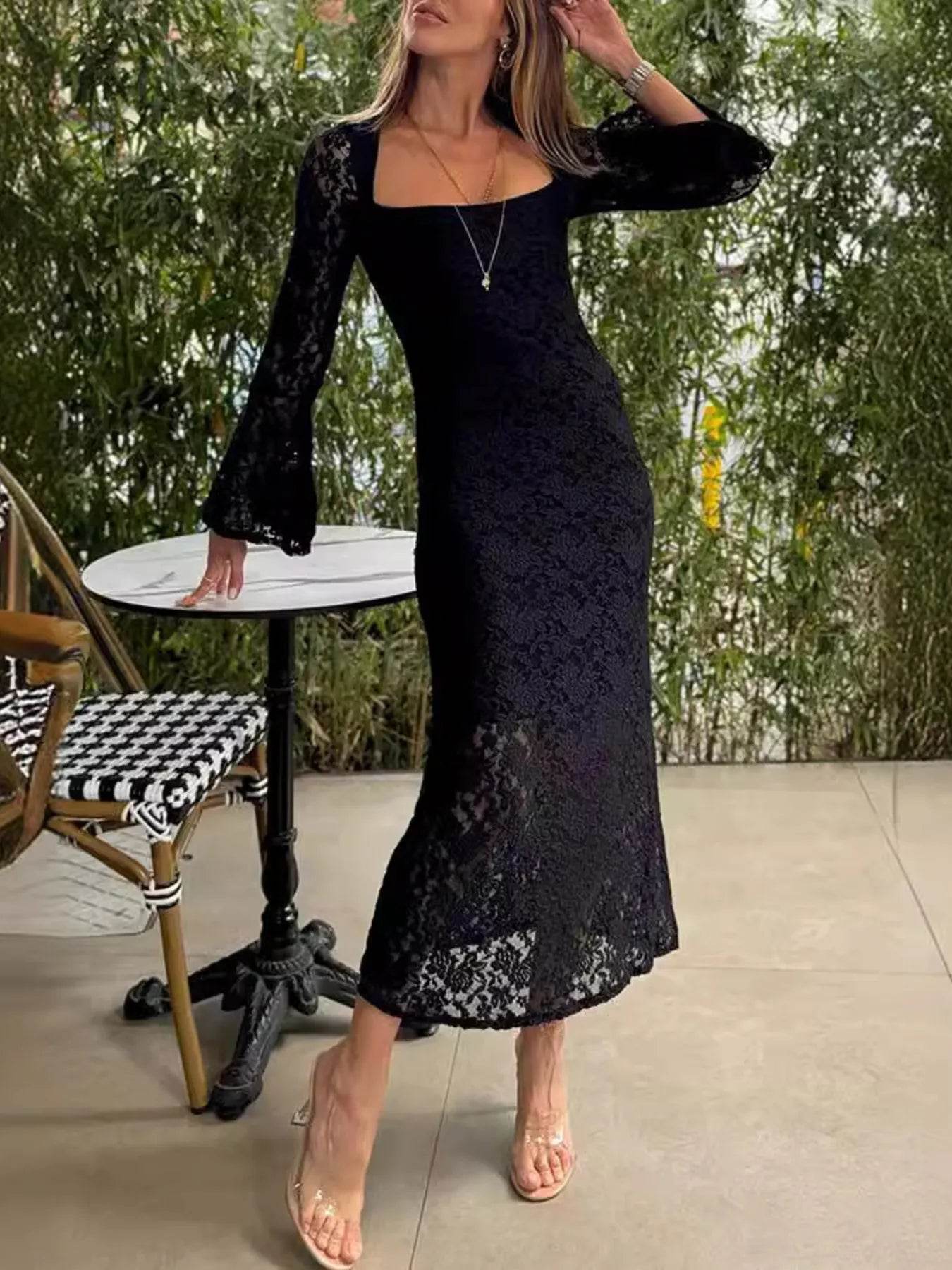 Lace Bell Sleeve Square Neck Bodycon Dress - Ultim8 Designs 4 U