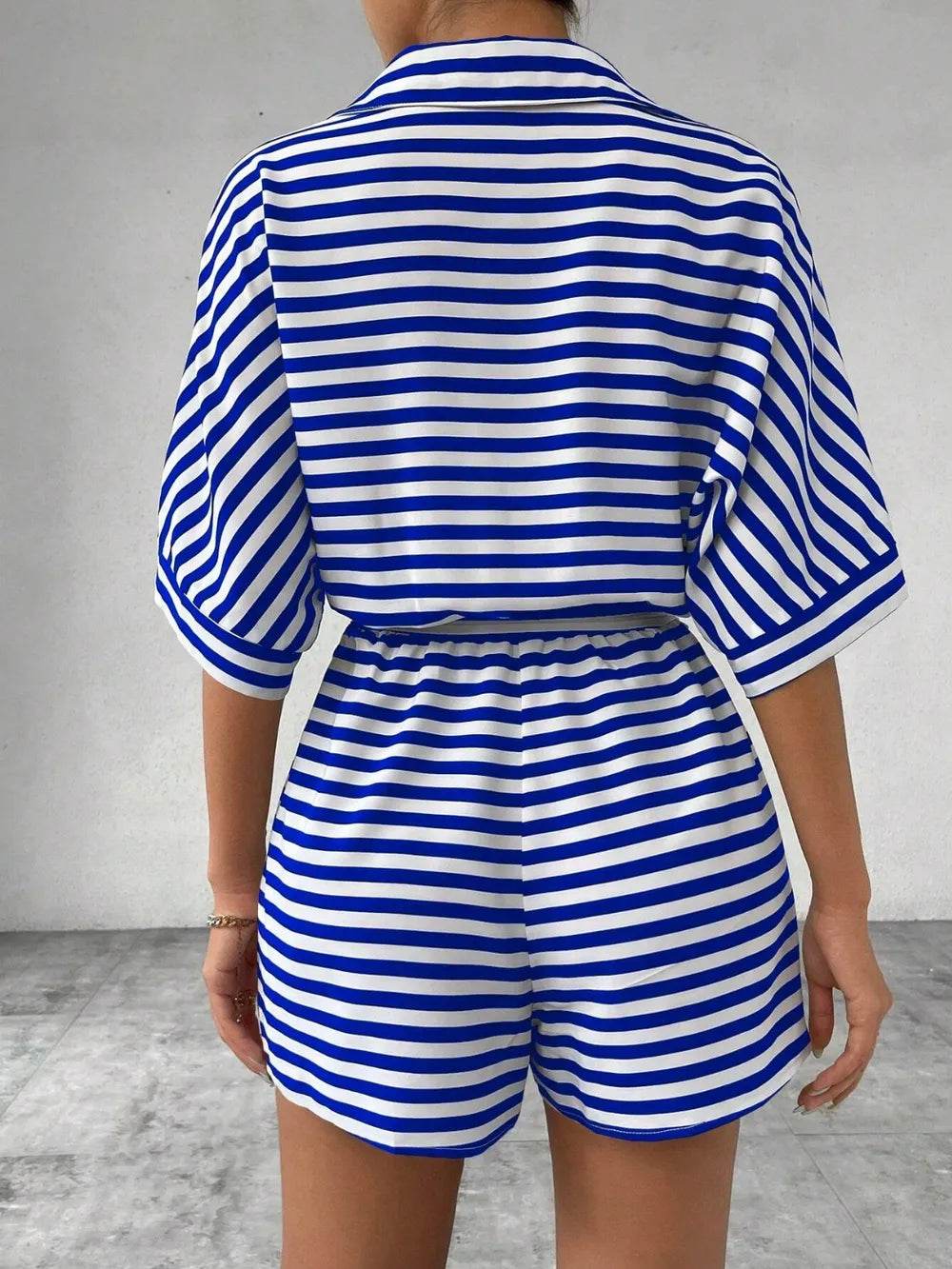 Tie Waist Half Button Striped Romper - Ultim8 Designs 4 U