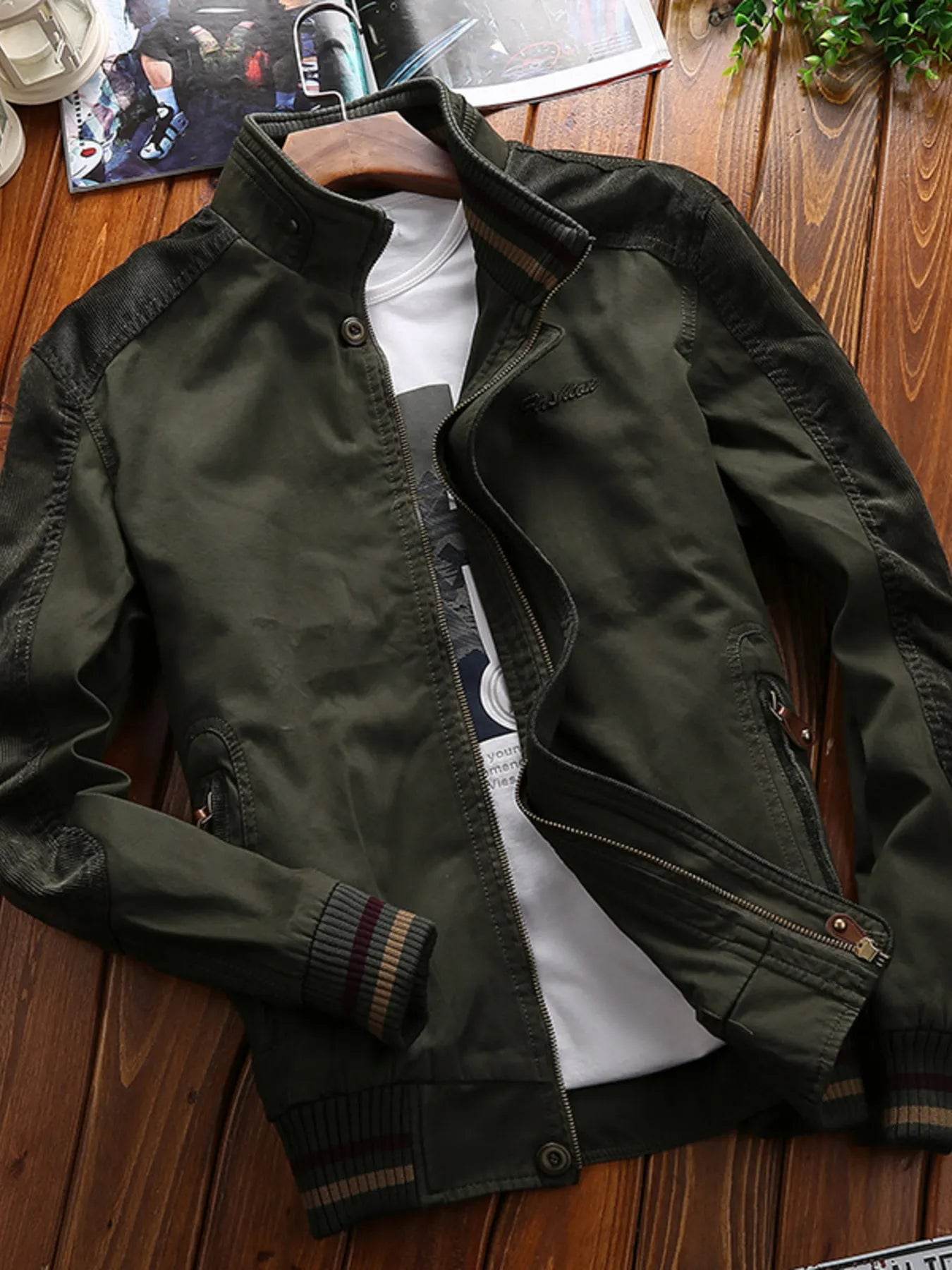 Men's Full Size Bomber Jacket with Ribbed Cuffs and Collar Plus Size - Ultim8 Designs 4 U