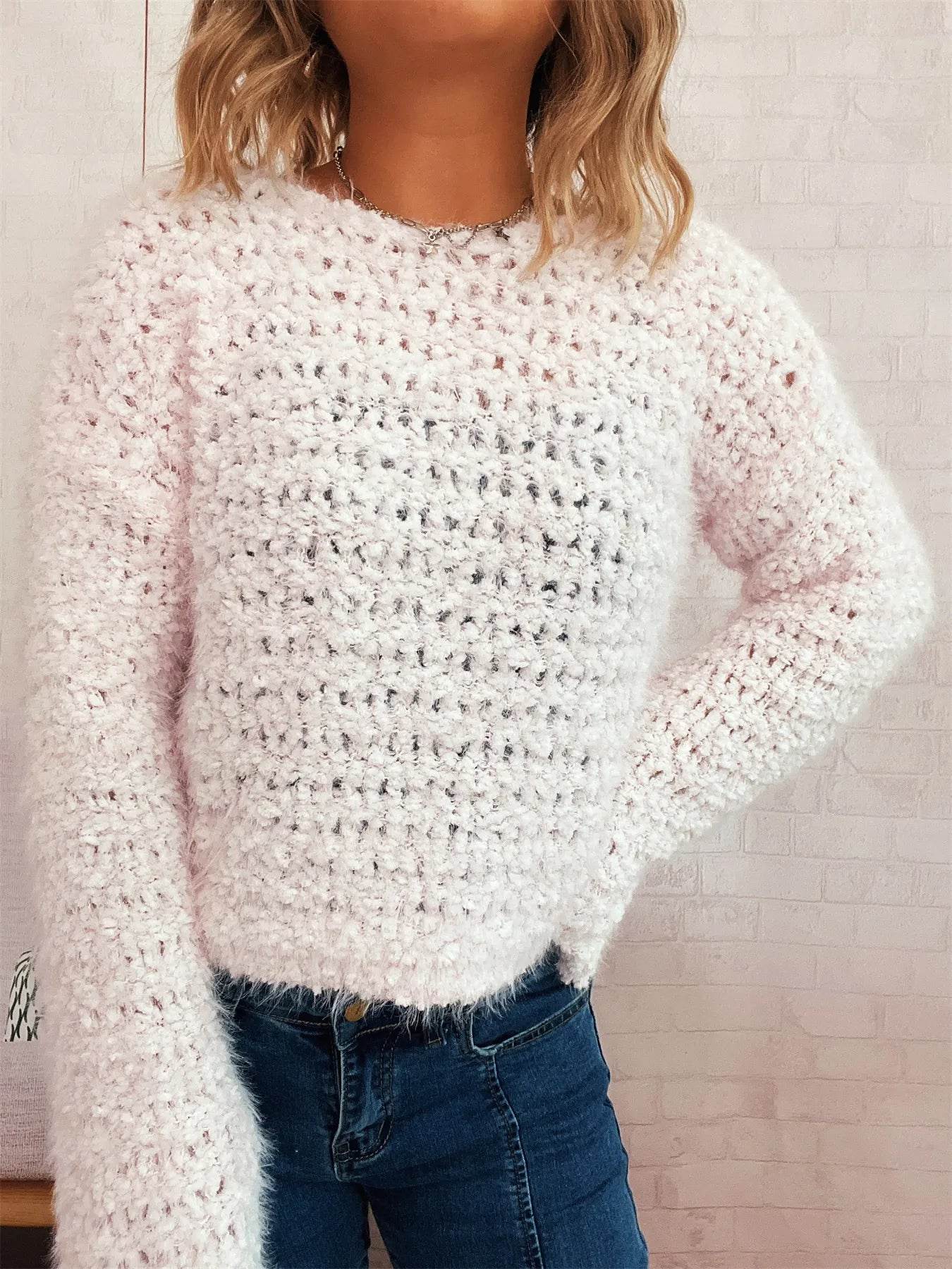 Crochet Round Neck Dropped Shoulder Sweater - Ultim8 Designs 4 U