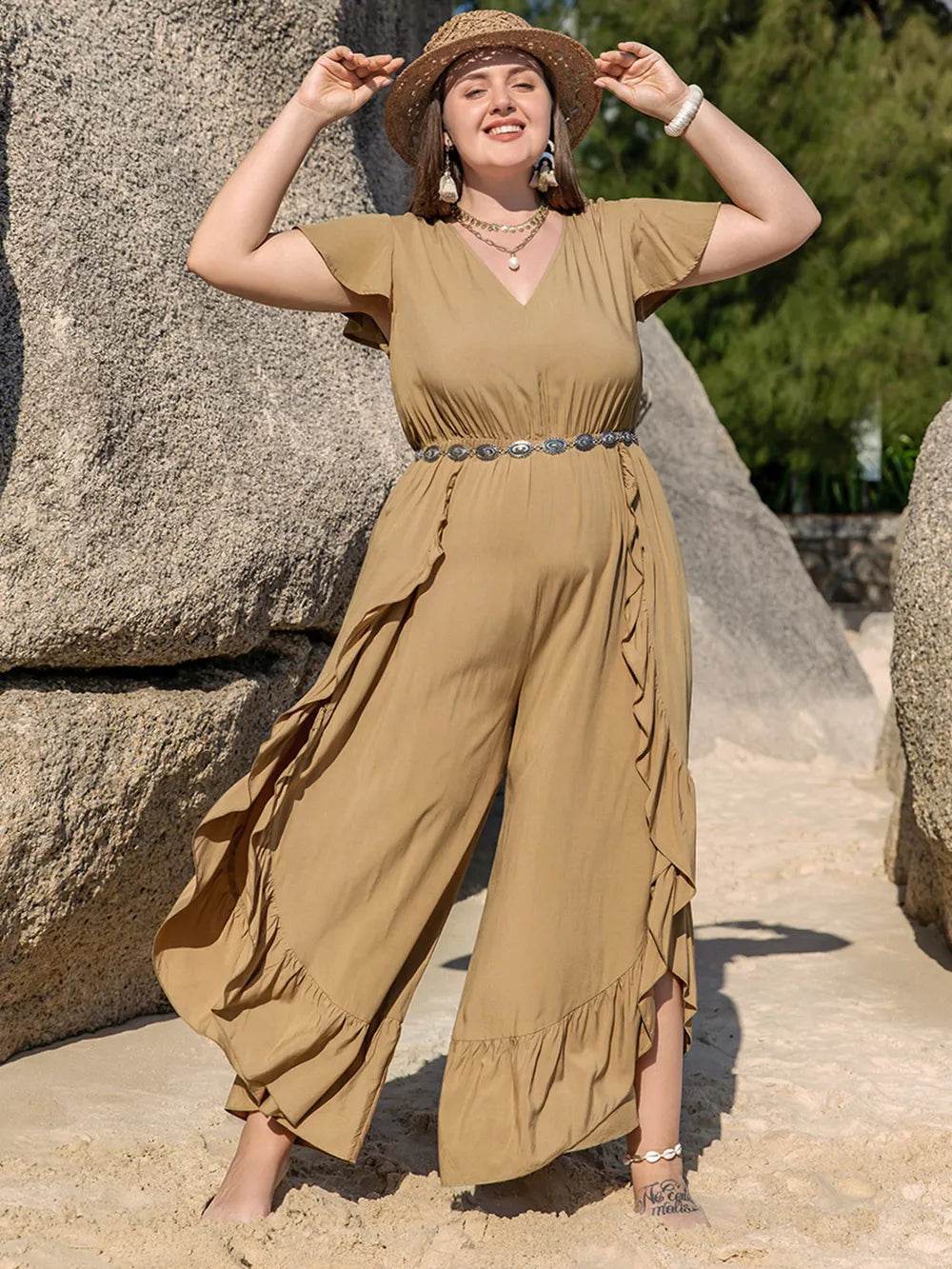 Plus Size Slit Ruffled V-Neck Jumpsuit - Ultim8 Designs 4 U