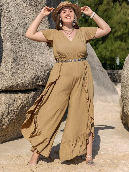 Plus Size Slit Ruffled V-Neck Jumpsuit - Ultim8 Designs 4 U