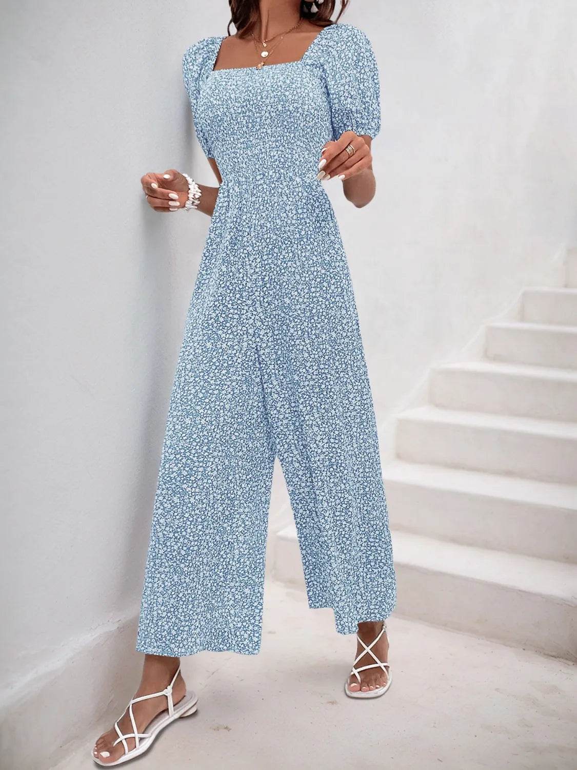 Printed Square Neck Puff Sleeve Jumpsuit - Ultim8 Designs 4 U