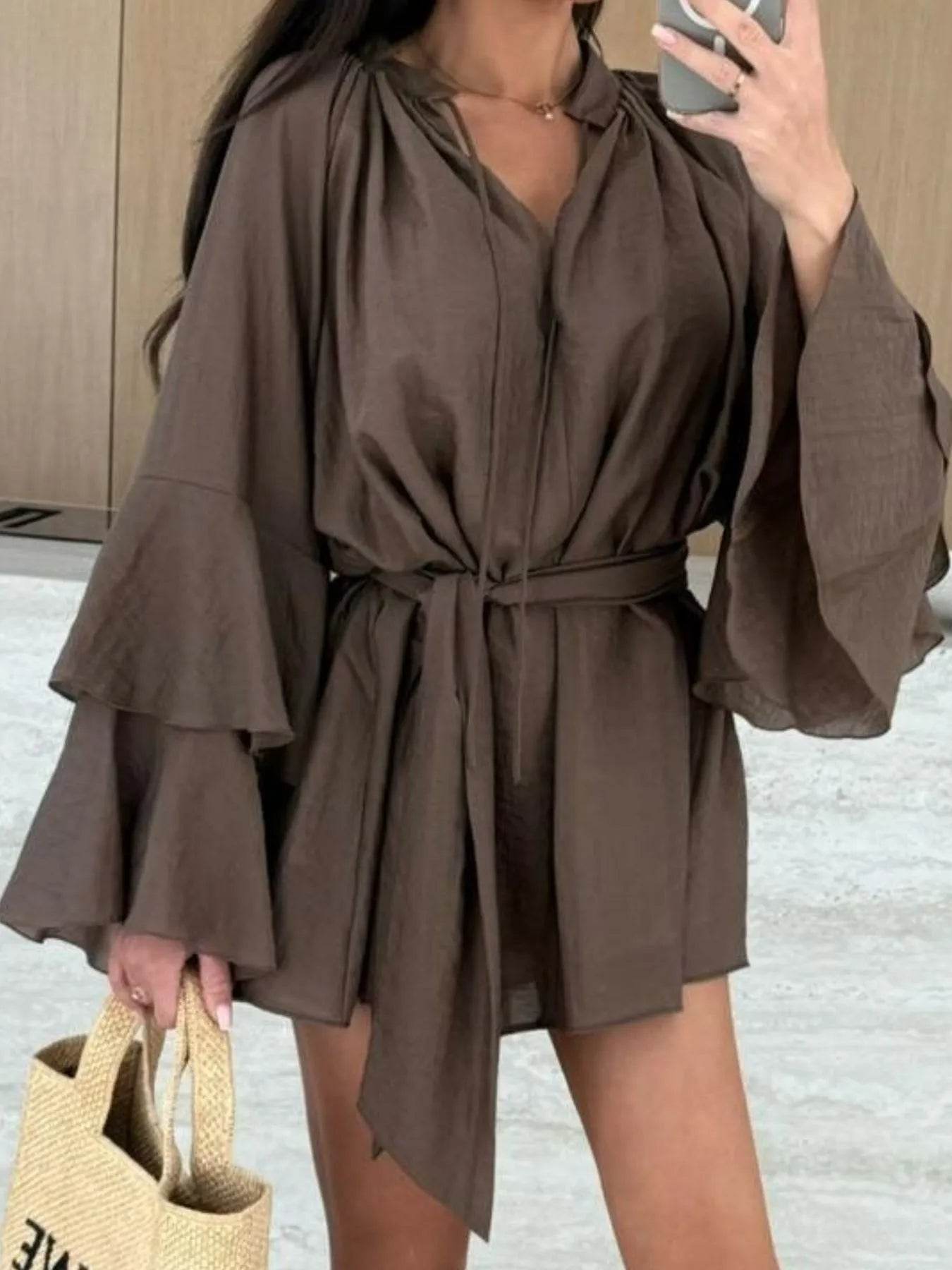 Bell Sleeve Tie Waist Mini Shirt Dress - Ultim8 Designs 4 U