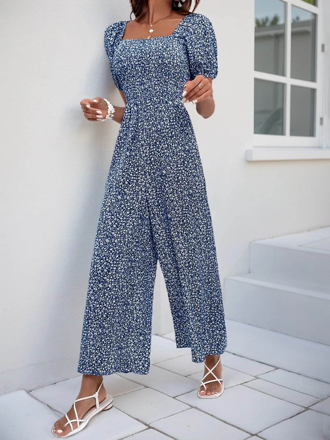 Printed Square Neck Puff Sleeve Jumpsuit - Ultim8 Designs 4 U